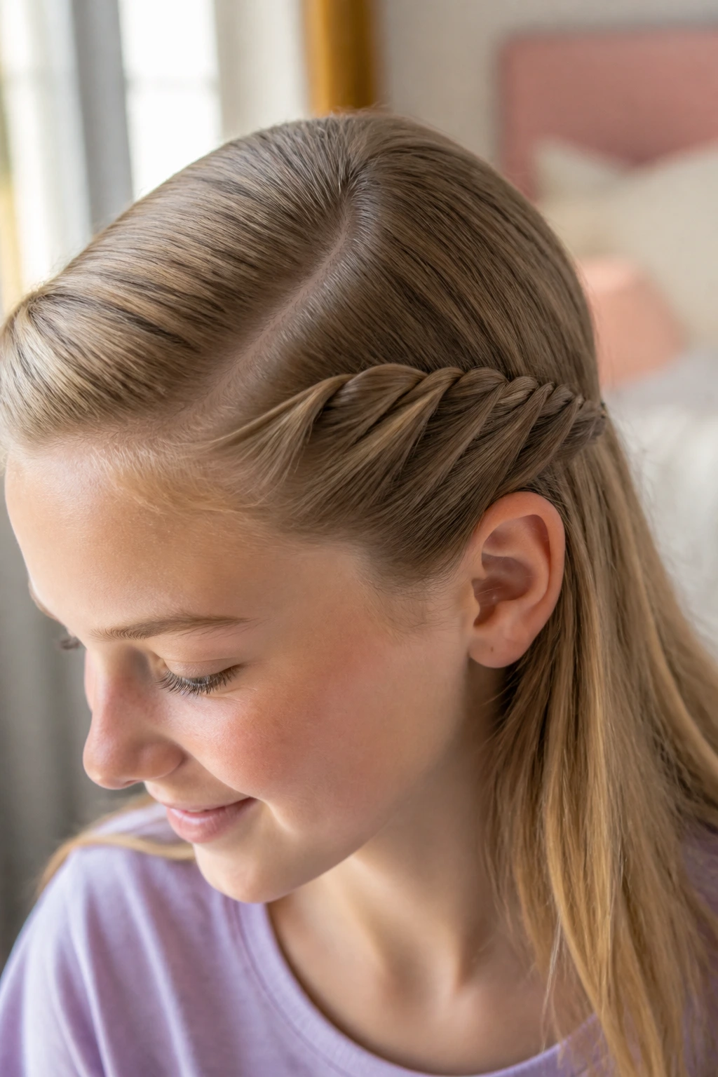 Close-up of side-part rope twist behind the ear on a real student