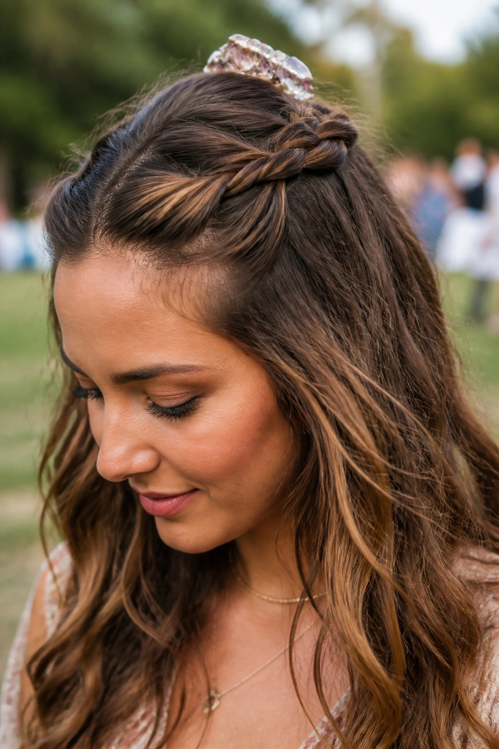 Close-up of a real woman with rope-twisted half-up hairstyle outdoors