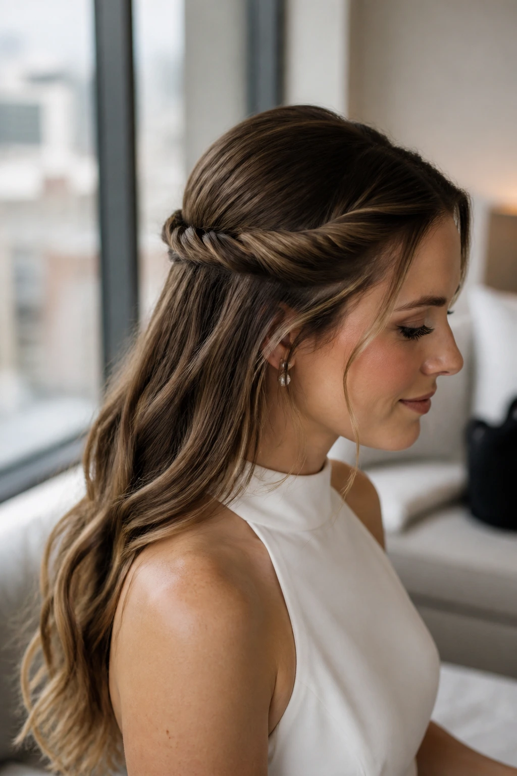 Close-up of a real bride with a minimalist thick rope twist half-up hairstyle.
