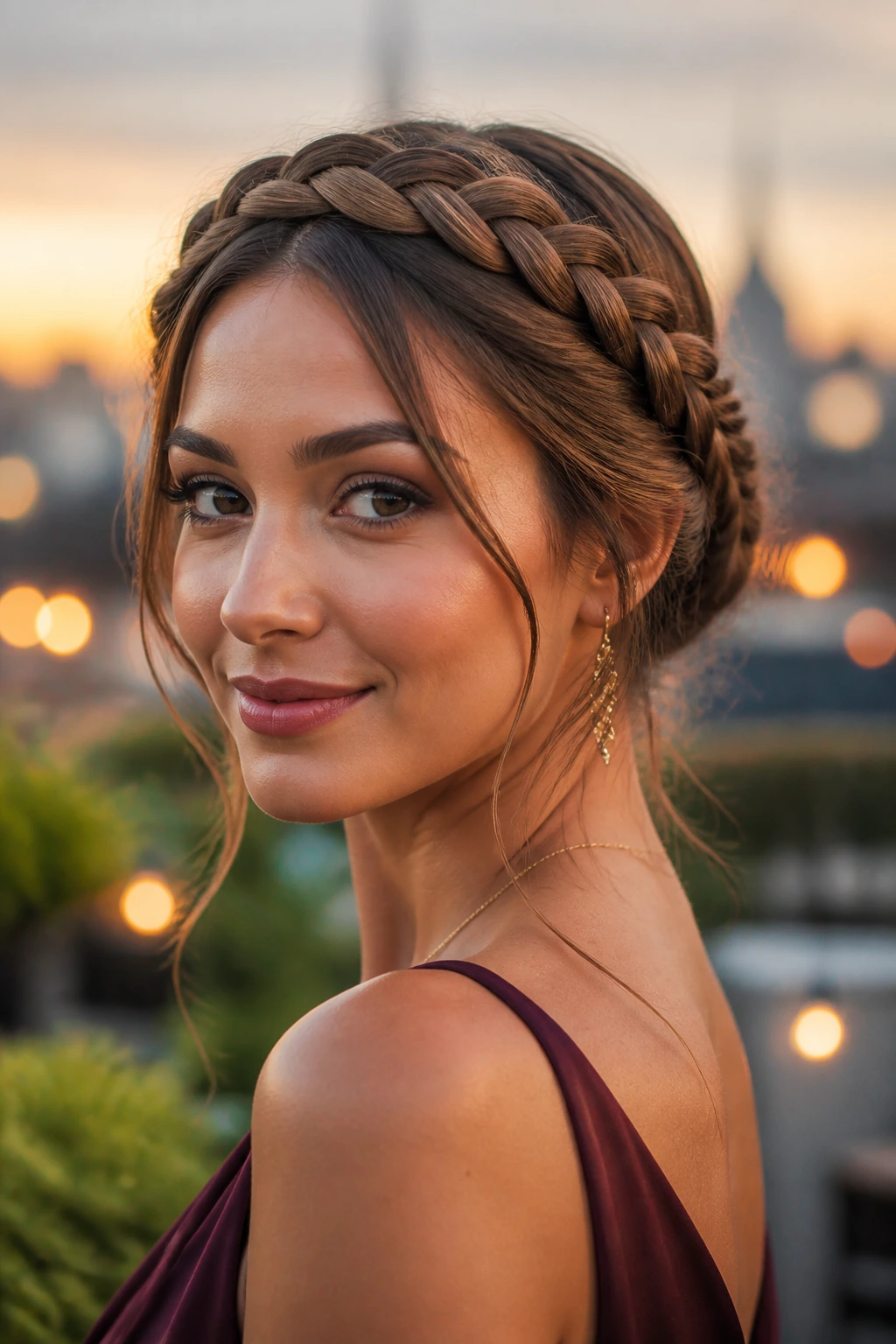 Close-up of a real woman with a rope-twist halo crown braid on an outdoor terrace at golden hour