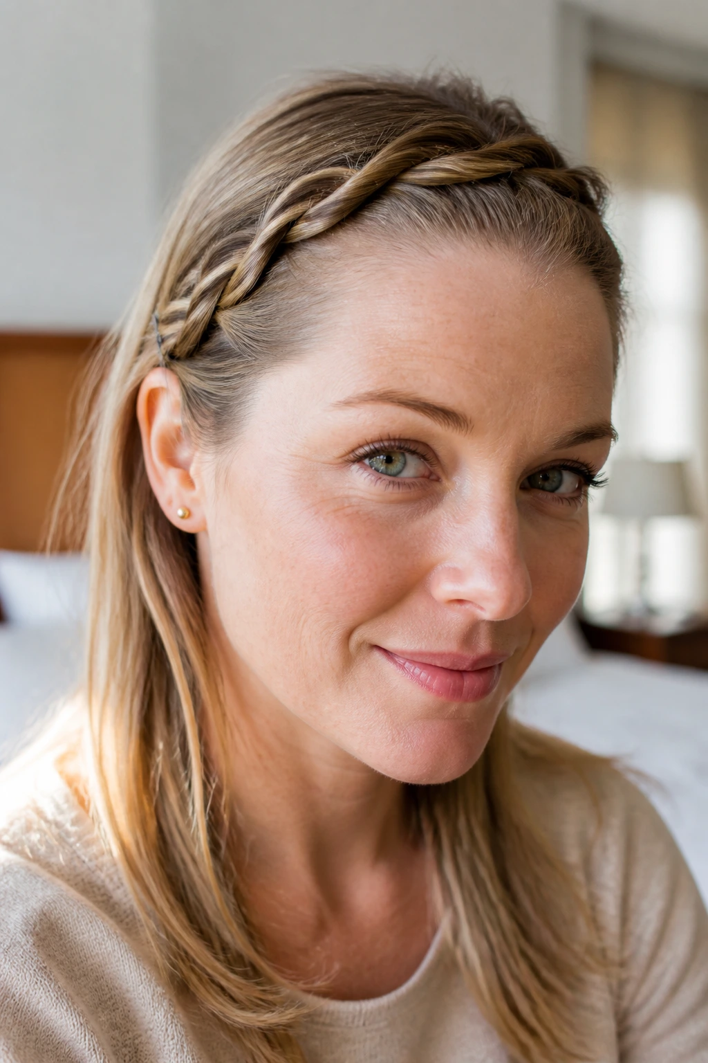 Close-up of a real woman wearing a two-strand rope twist headband for fine hair