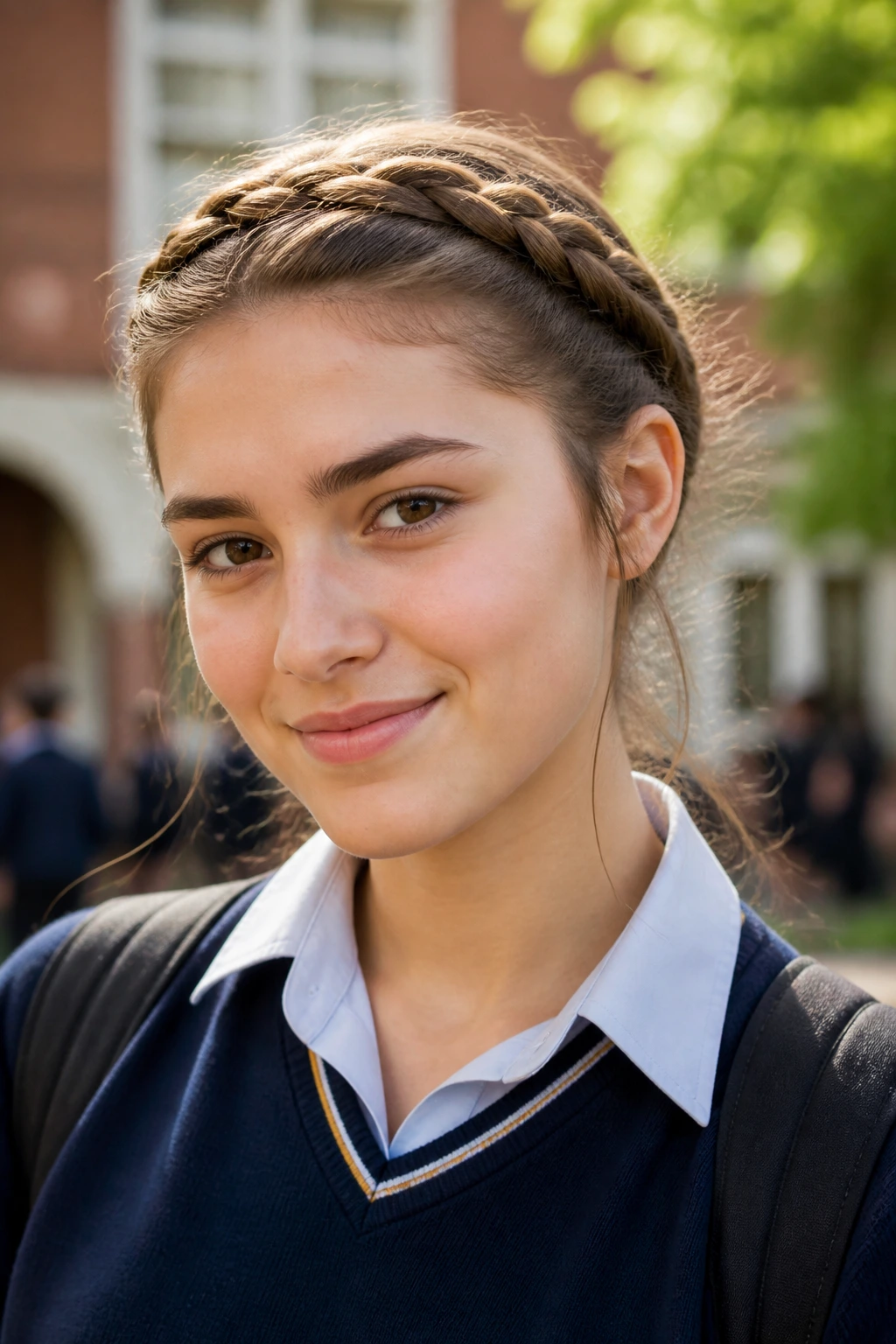 Close-up of a real student with rope-twist milkmaid braids