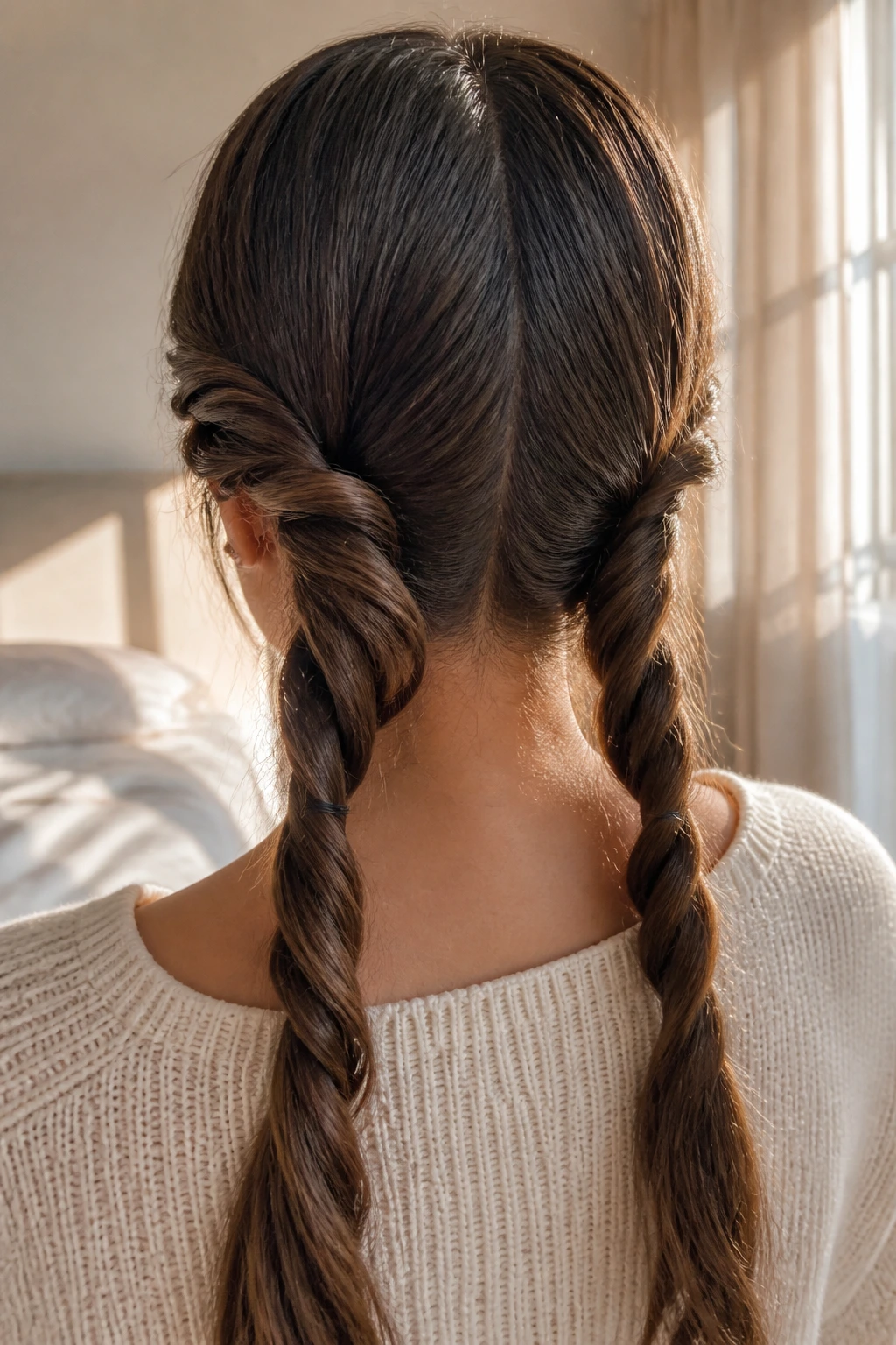 Back view of a real woman showing two rope twist pigtails at the nape
