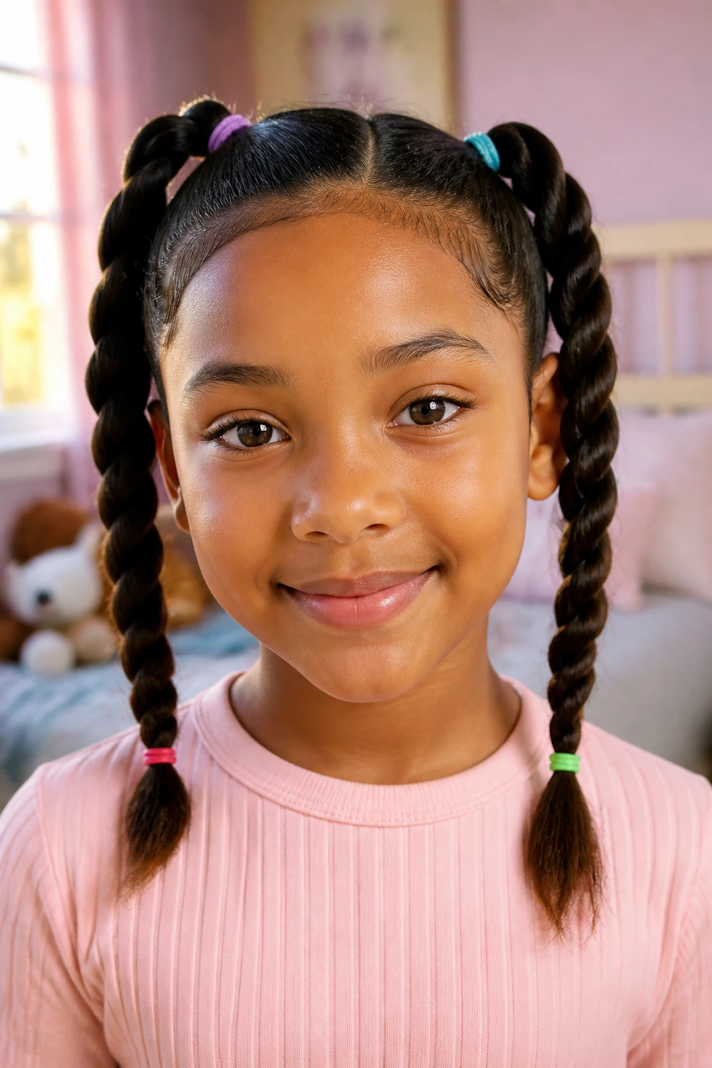 Close-up of a child with rope twist pigtails secured with colorful bands in a cozy bedroom