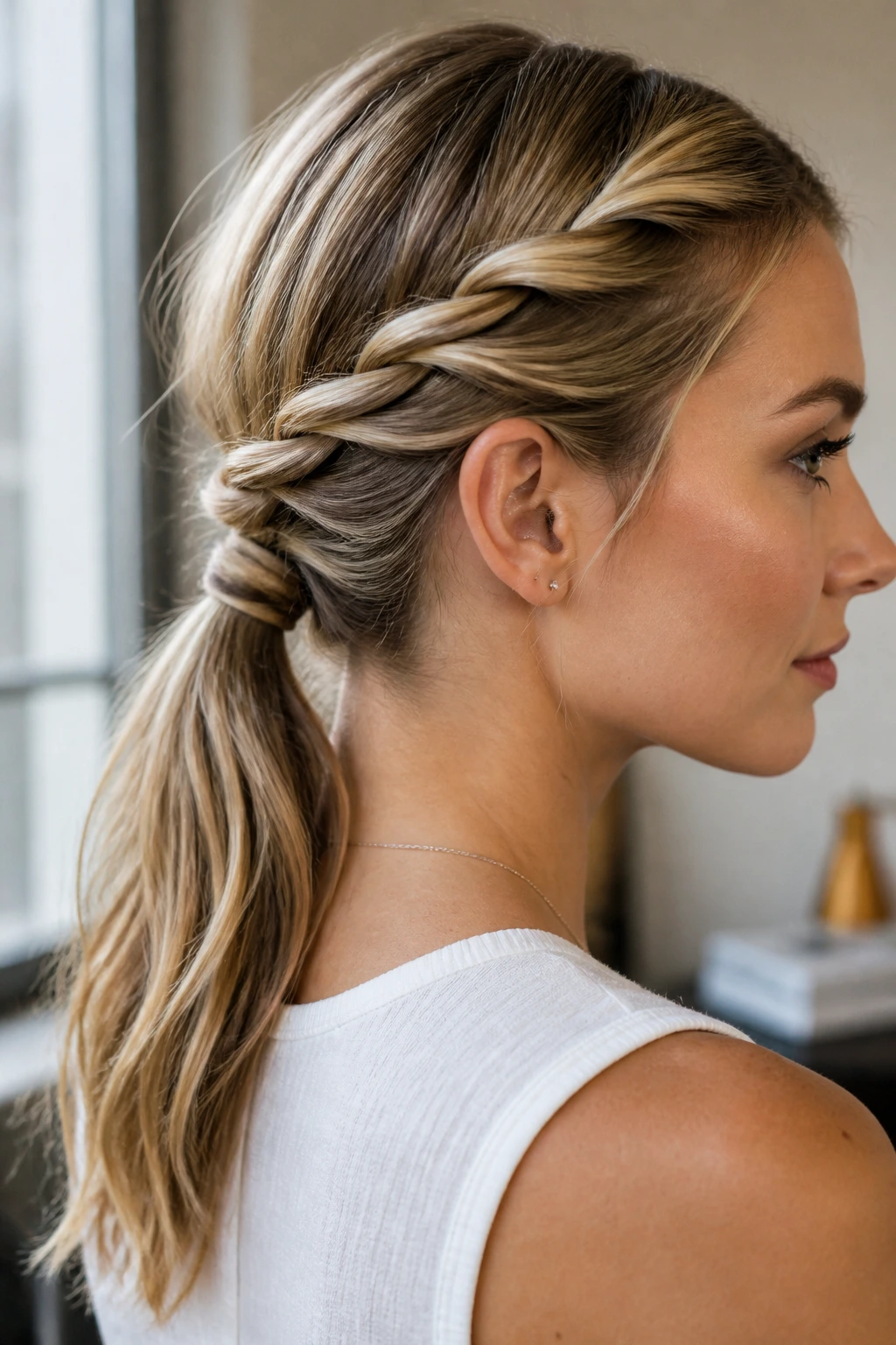 Close-up of a real woman with a rope-twisted low ponytail
