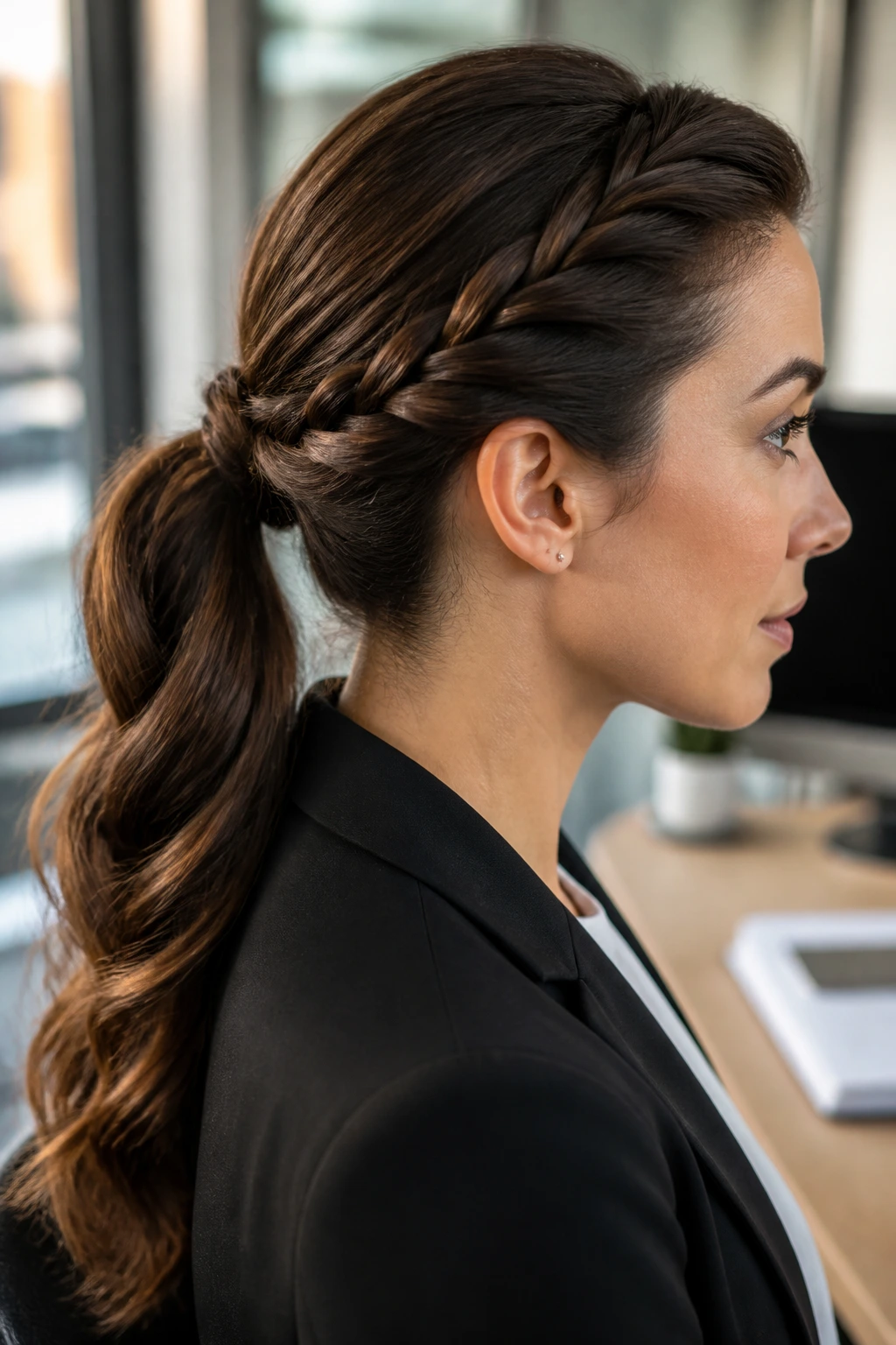 Close-up of a real woman with a rope-twist ponytail in a corporate setting.