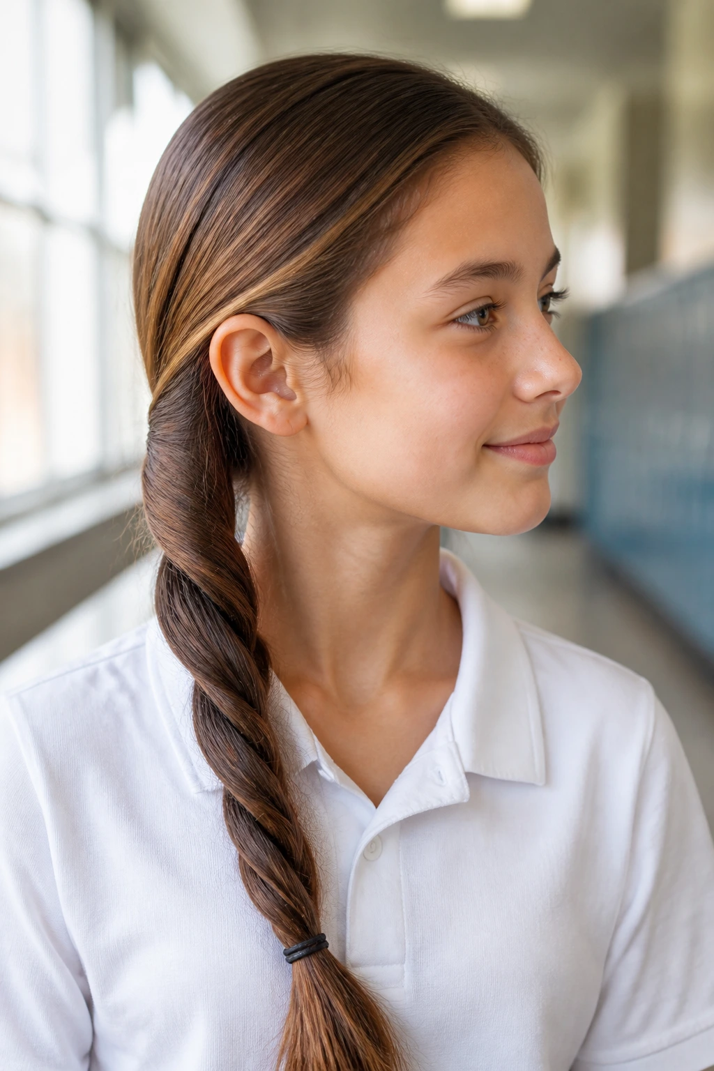 Close-up of side-swept rope twisted ponytail on real student in school corridor