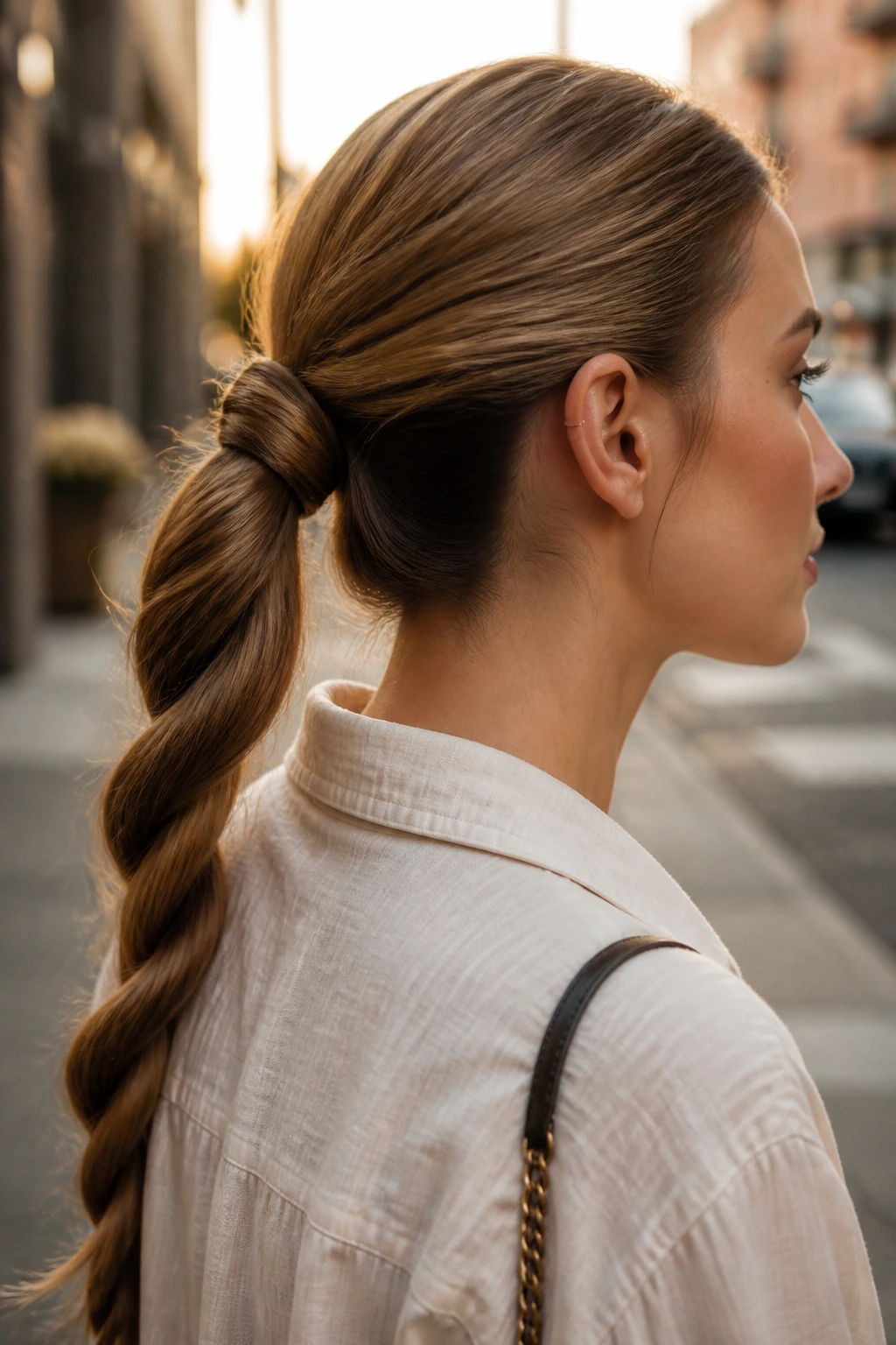 Close-up of a real woman with a rope-twist ponytail