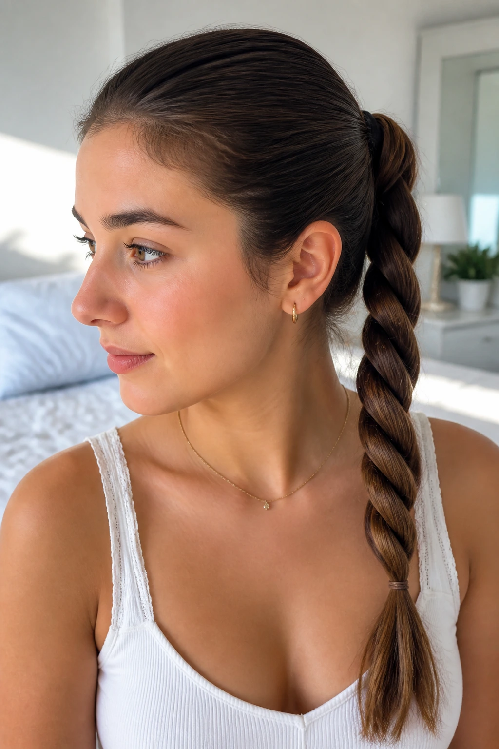 Close-up of a real woman with a rope-twist ponytail twisted to the right and wrapped to the left