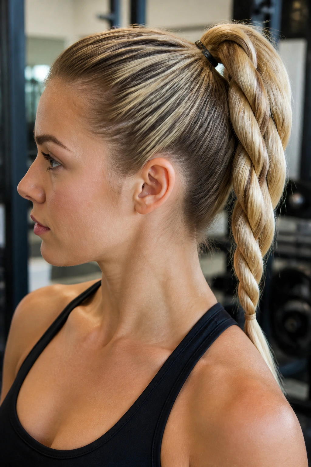 Real woman with double rope twist ponytail during workout