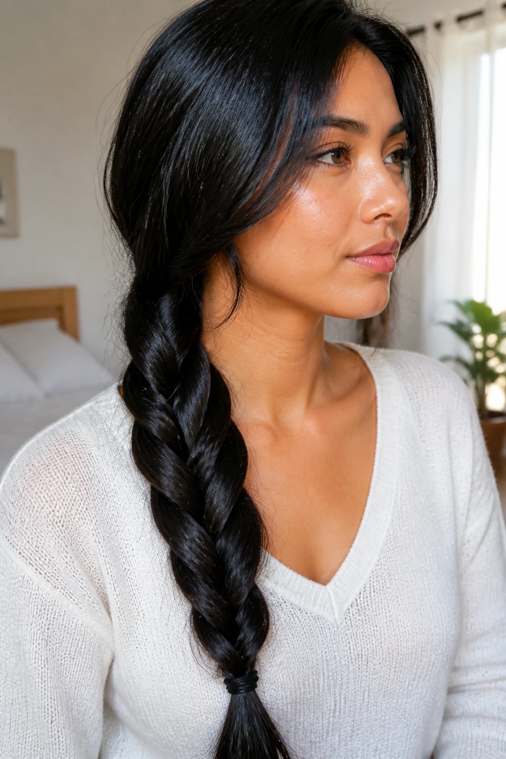 Close-up portrait of a real woman showing a rope-twisted side braid in natural daylight
