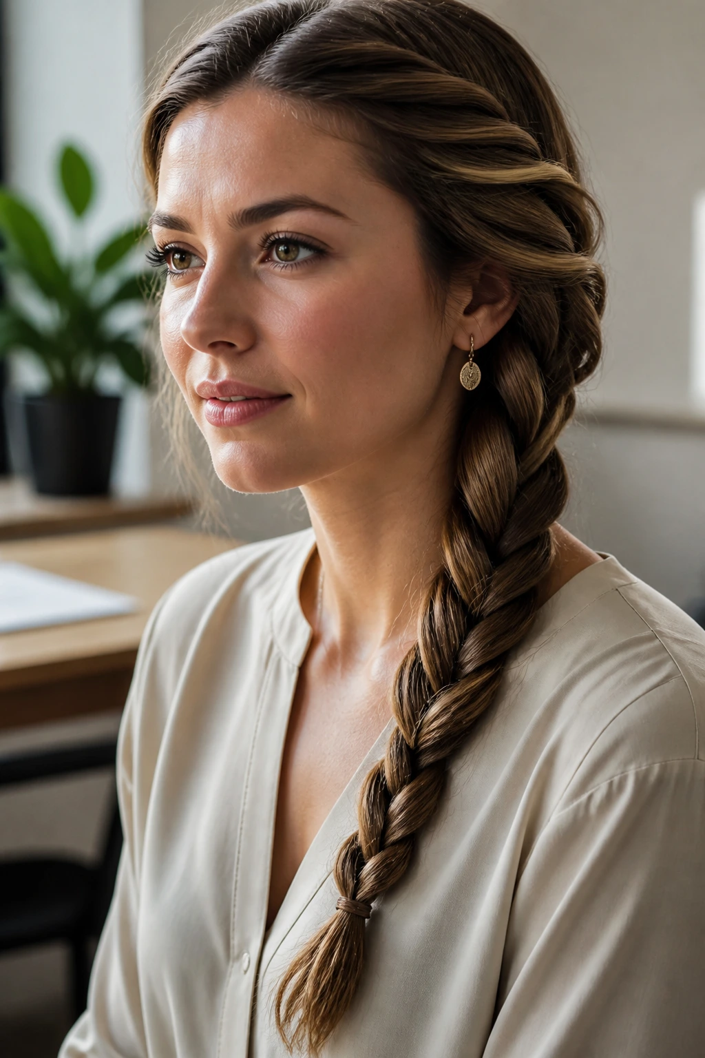 Close-up of a real woman with a rope twist side braid at the shoulder in an office setting