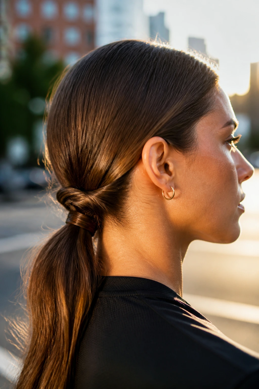 Back of head close-up with a rope-twisted low ponytail at the nape