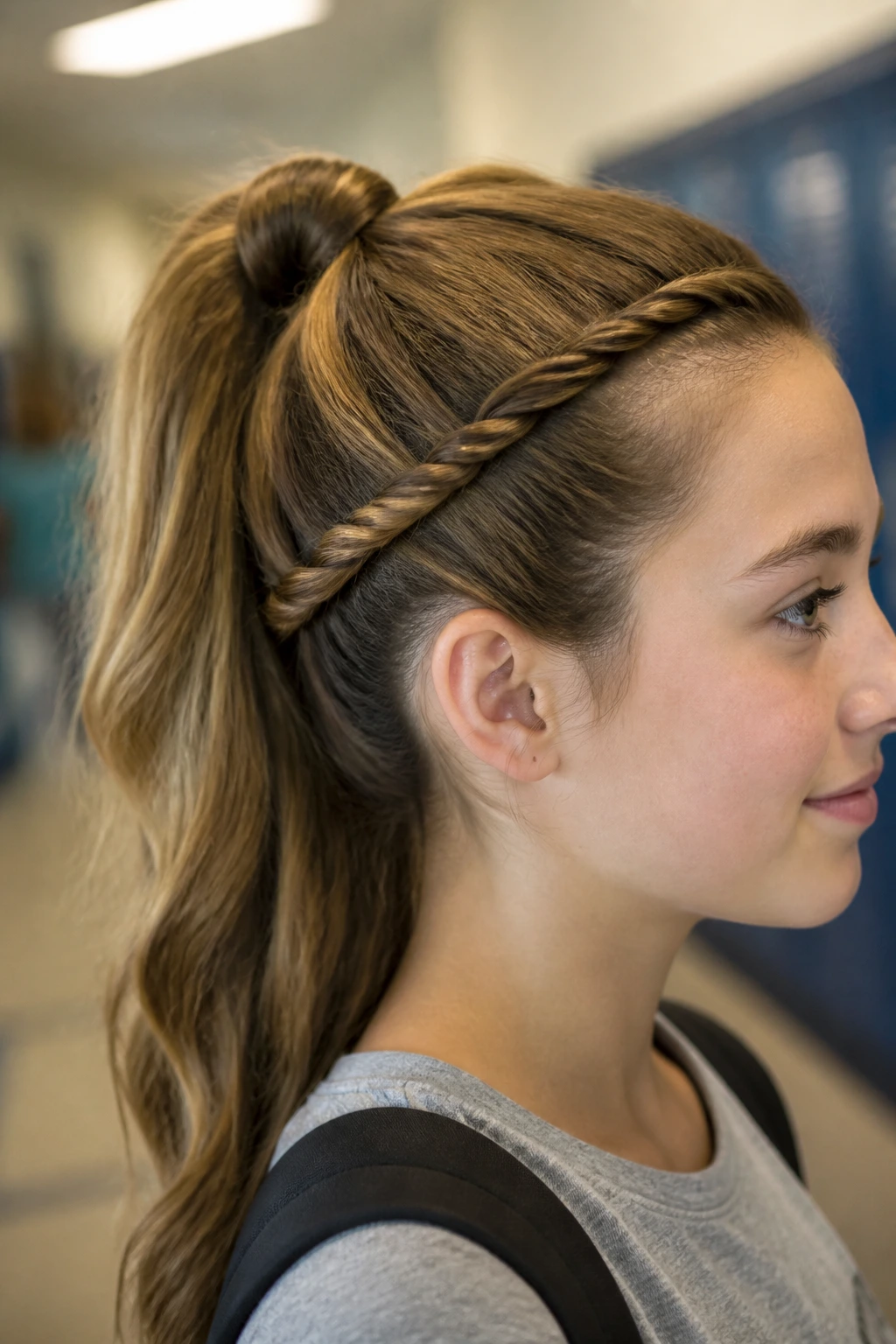 Close-up portrait of a real student with a rope twisted ponytail