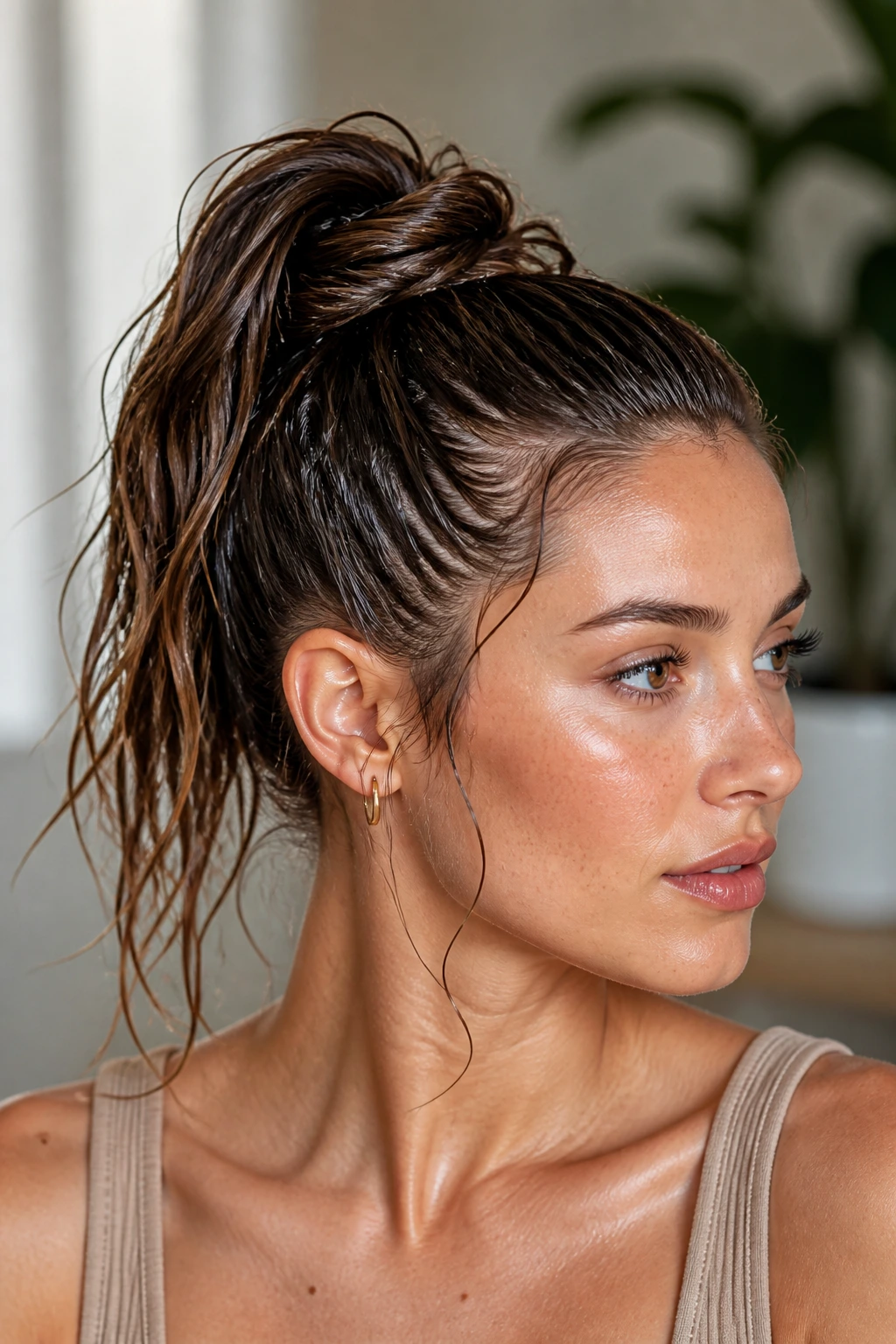Close-up of a real woman with a rope-twisted high ponytail at the crown