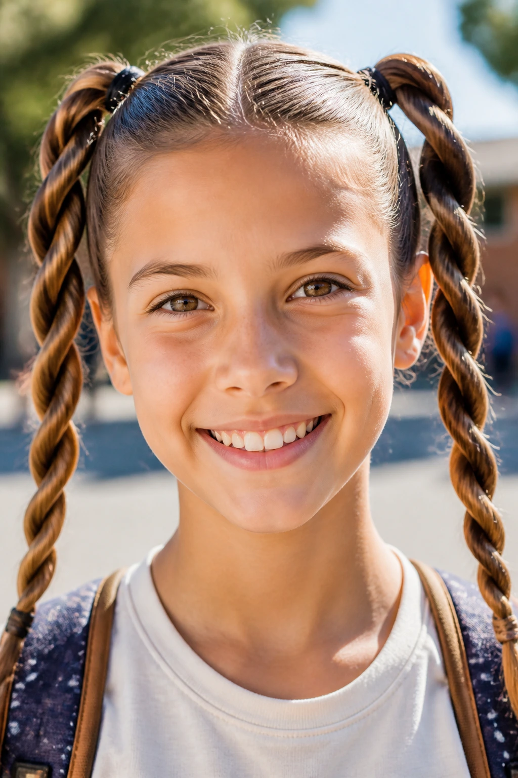 Close-up of a student with rope-twisted piggy tails