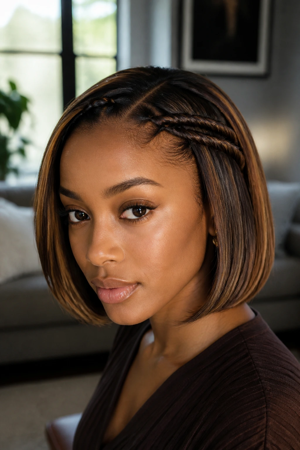 Portrait of a woman with double rope twists at the temples in a bright living room