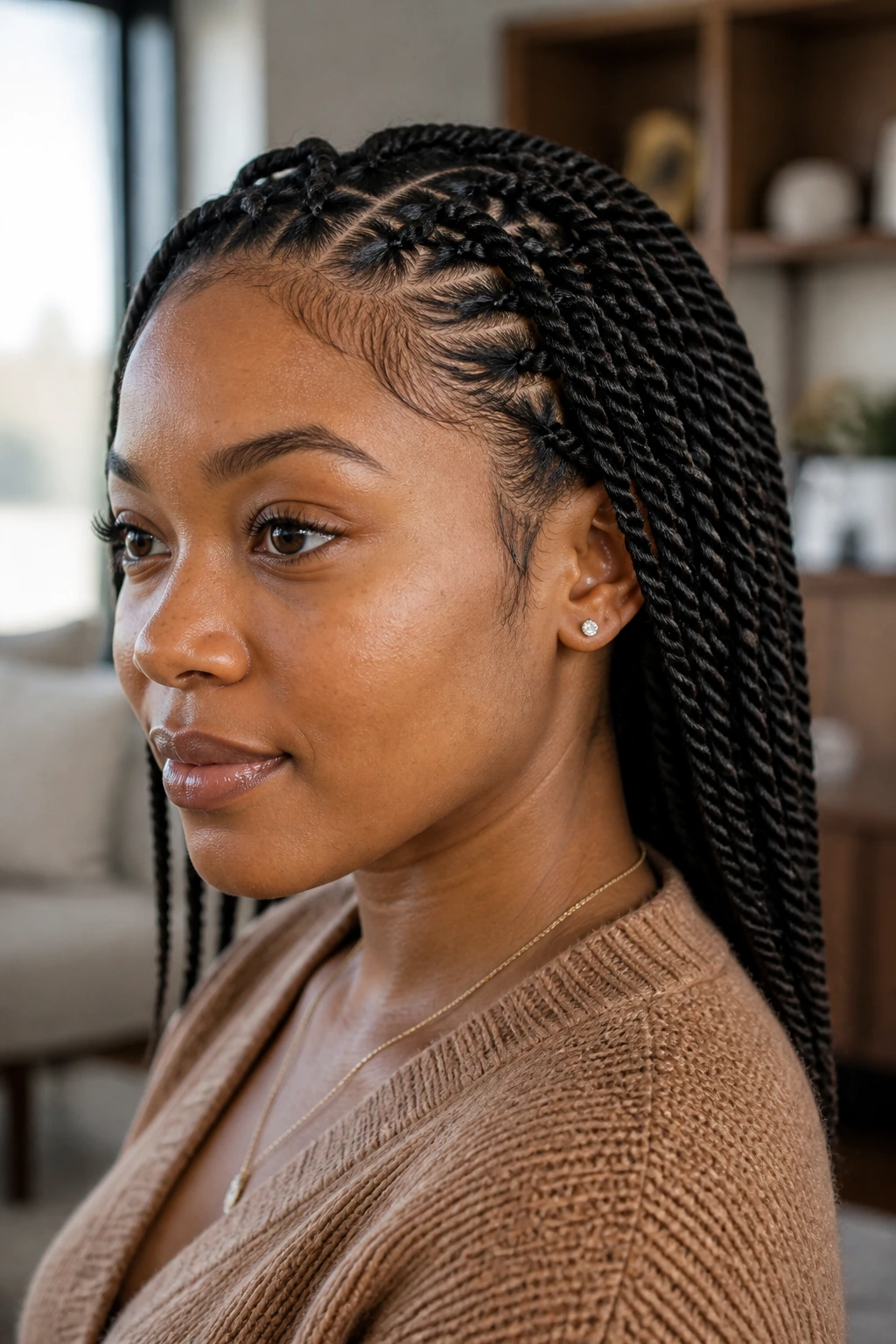 Close-up of a real woman with rope twists on hair