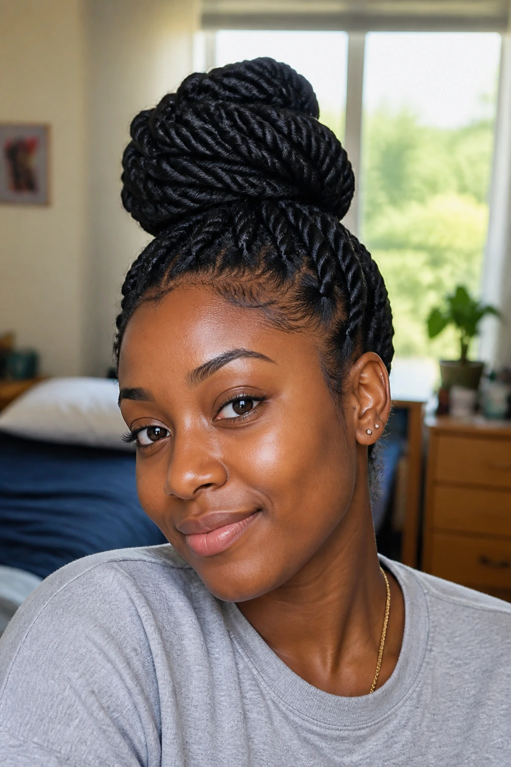 Close-up of a student with thick rope twists in a top bun in a bright dorm room