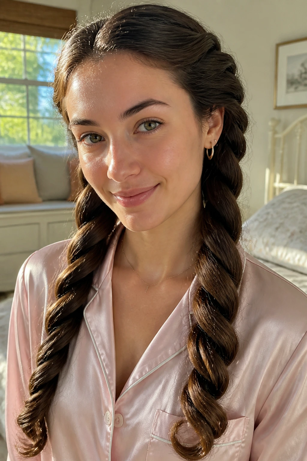 Close-up of a real woman with rope twists forming effortless waves