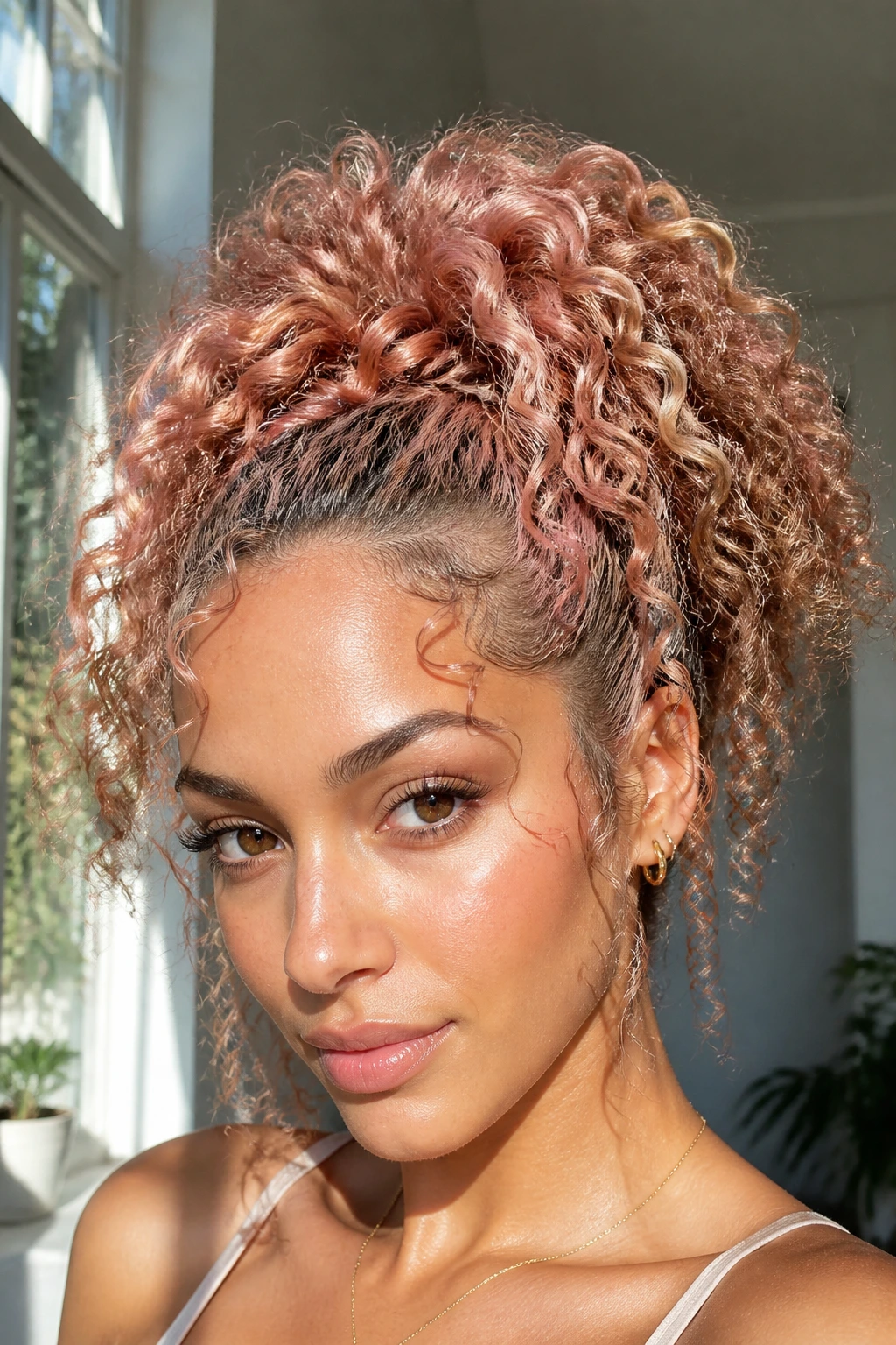 Portrait of a real woman with a rose-blonde high curly ponytail