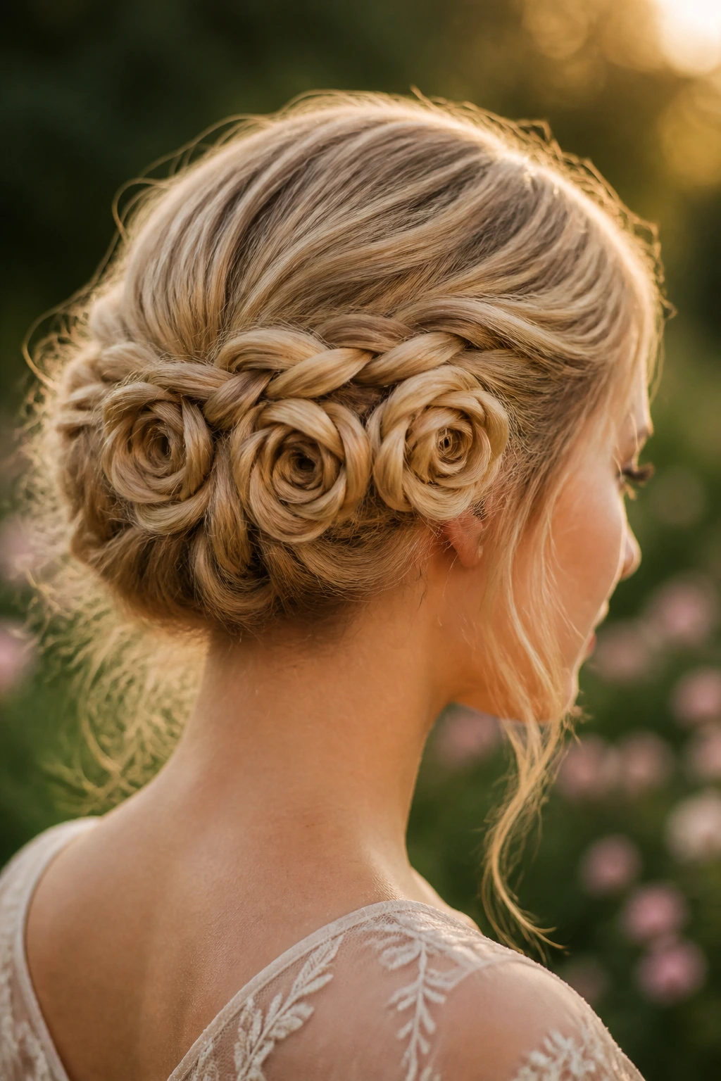 Close-up portrait of a real woman with rose-shaped braids rolling along the back of the head.