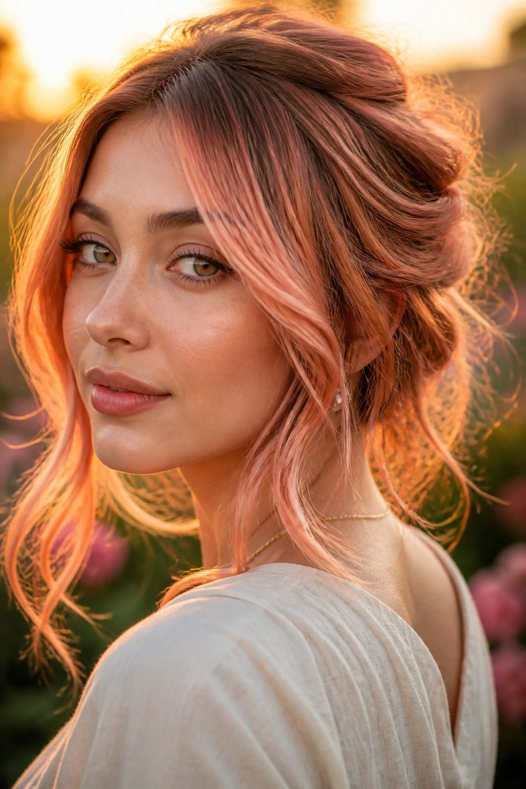Close-up of a real woman with a rose-copper halo around her face