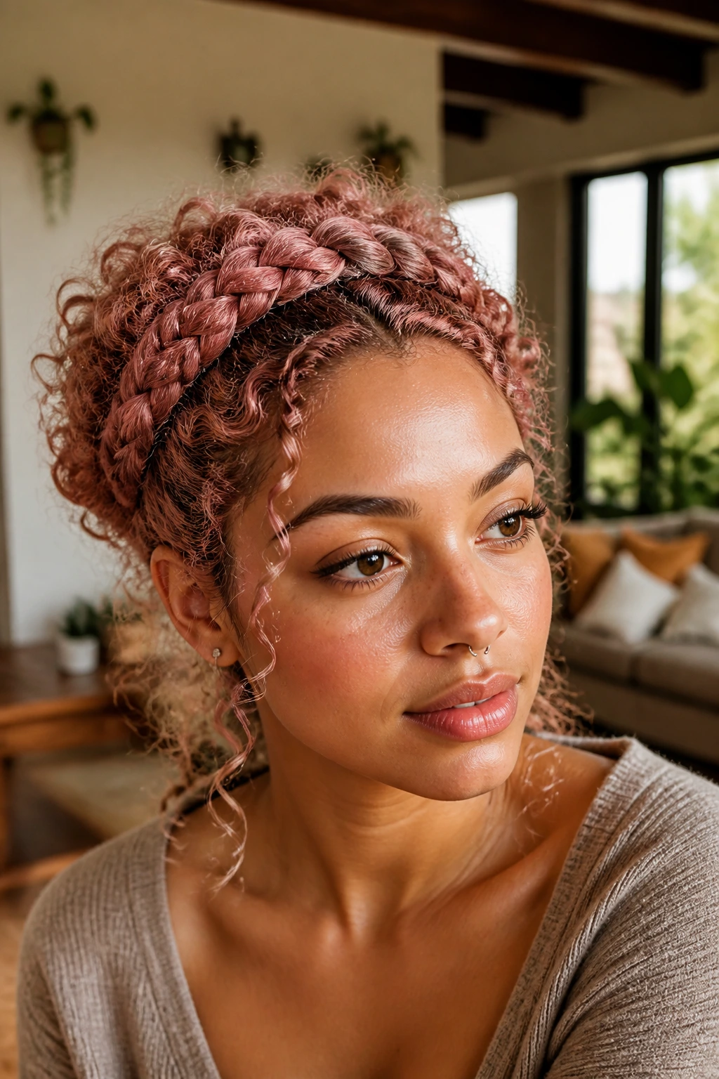 Woman wearing a crown of rose-toned braids around her head.