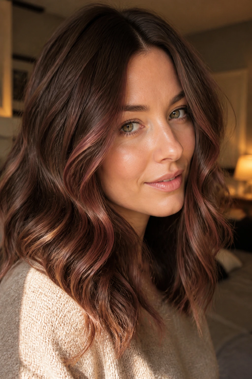 Real woman with chocolate brown hair showing subtle rose gold tones in warm light