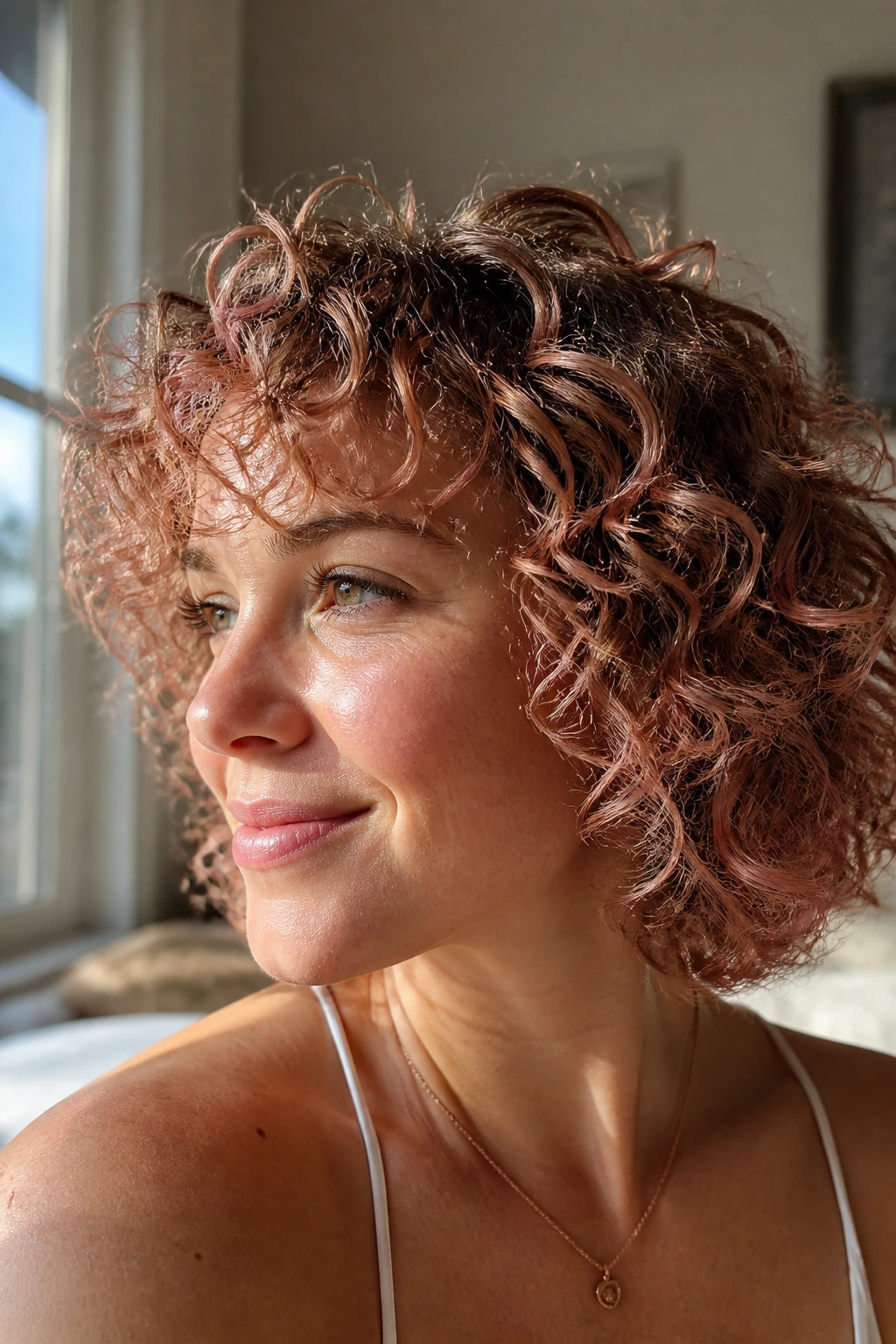 Close-up portrait of a real woman with rose gold dusting on delicate fine curl patterns near a sunny window.