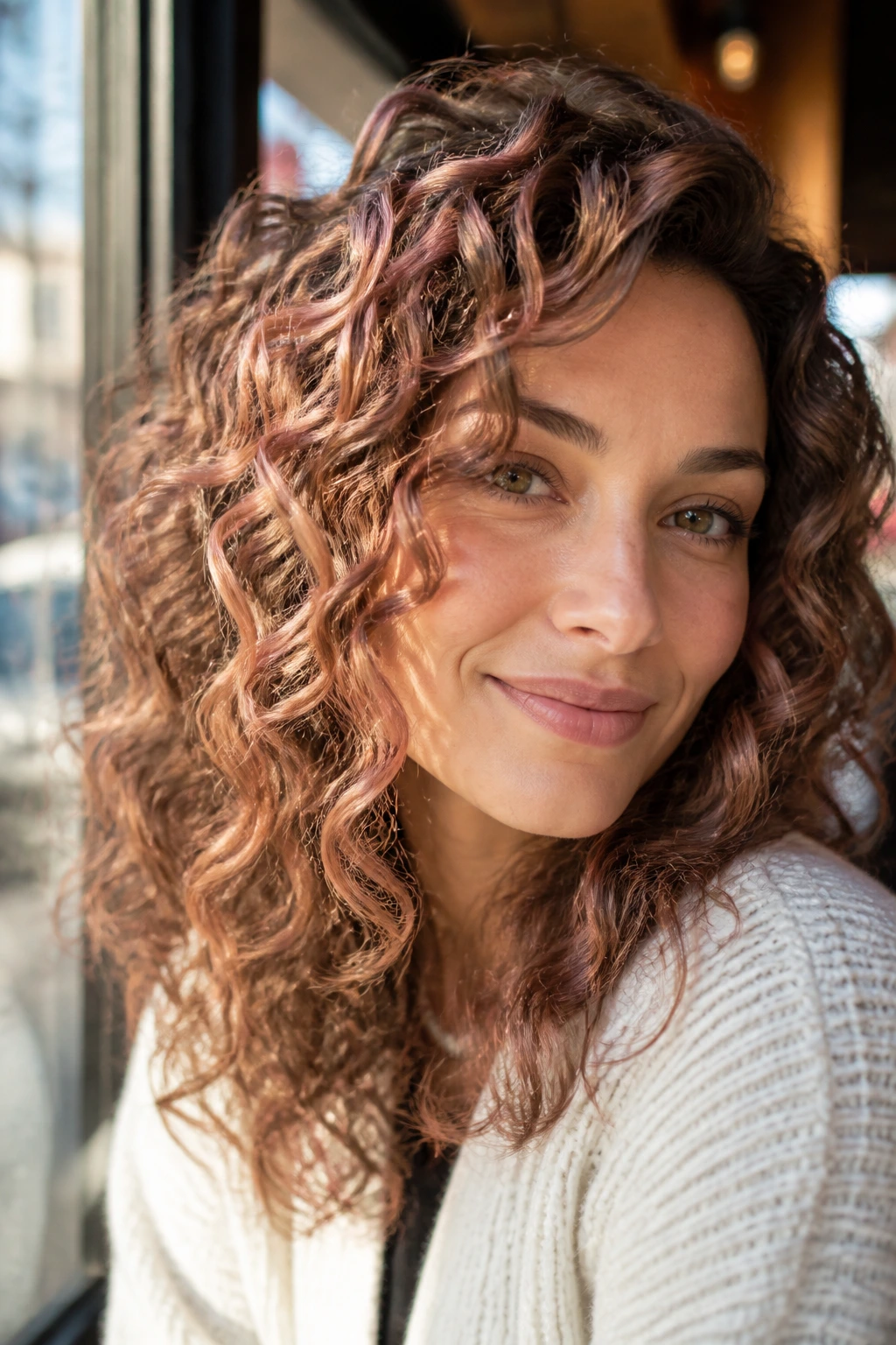 Close-up of a real woman with light brown curls and delicate rose gold muted highlights.