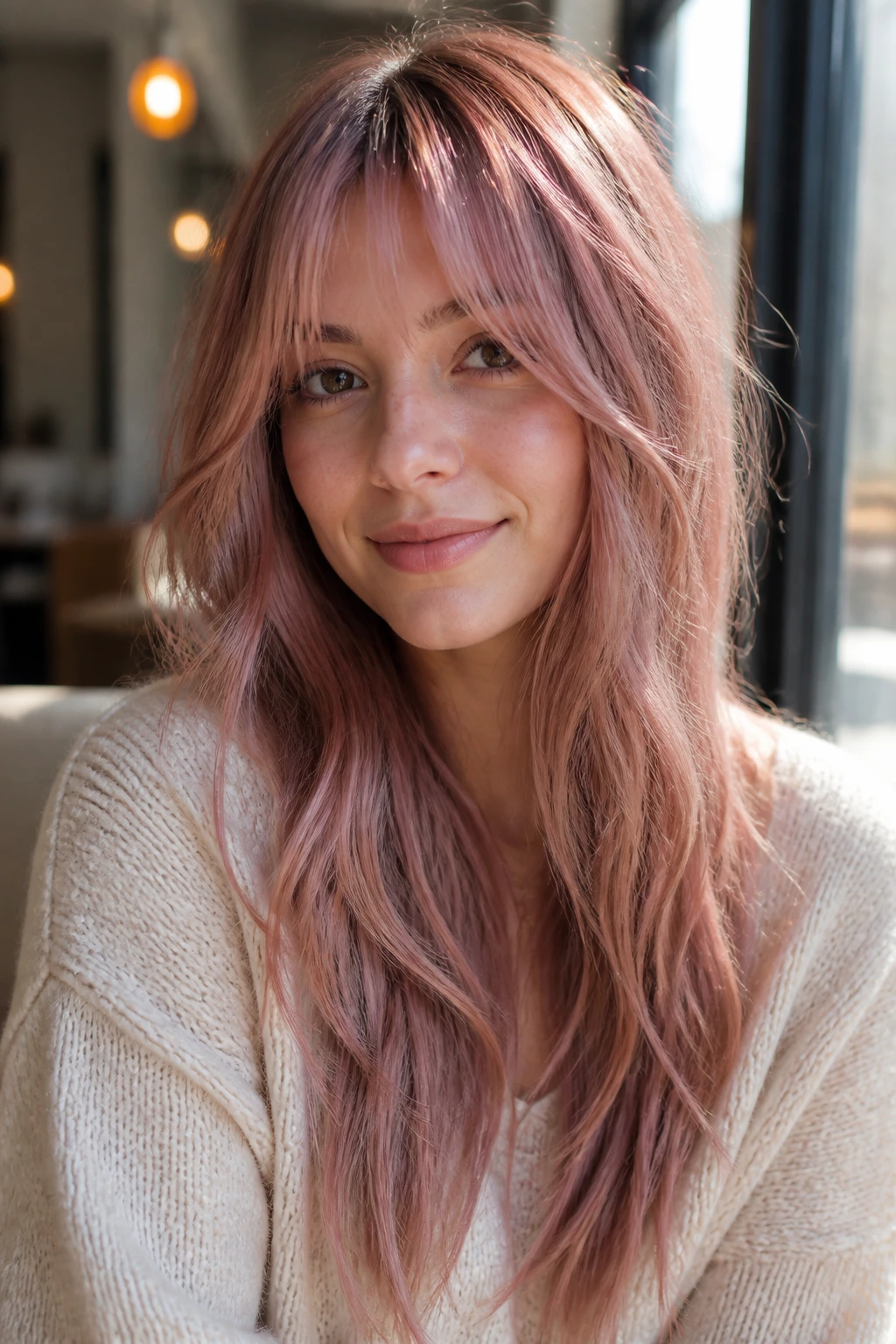 Close-up portrait of a real woman with dusty rose gold framing and long layered bangs