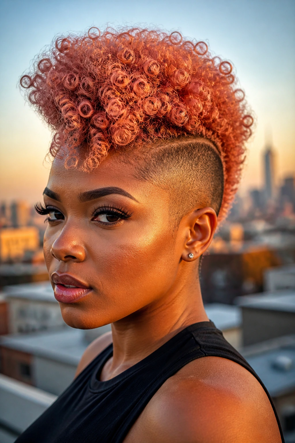Close-up of a real woman with a rose-gold fro-hawk in an urban setting