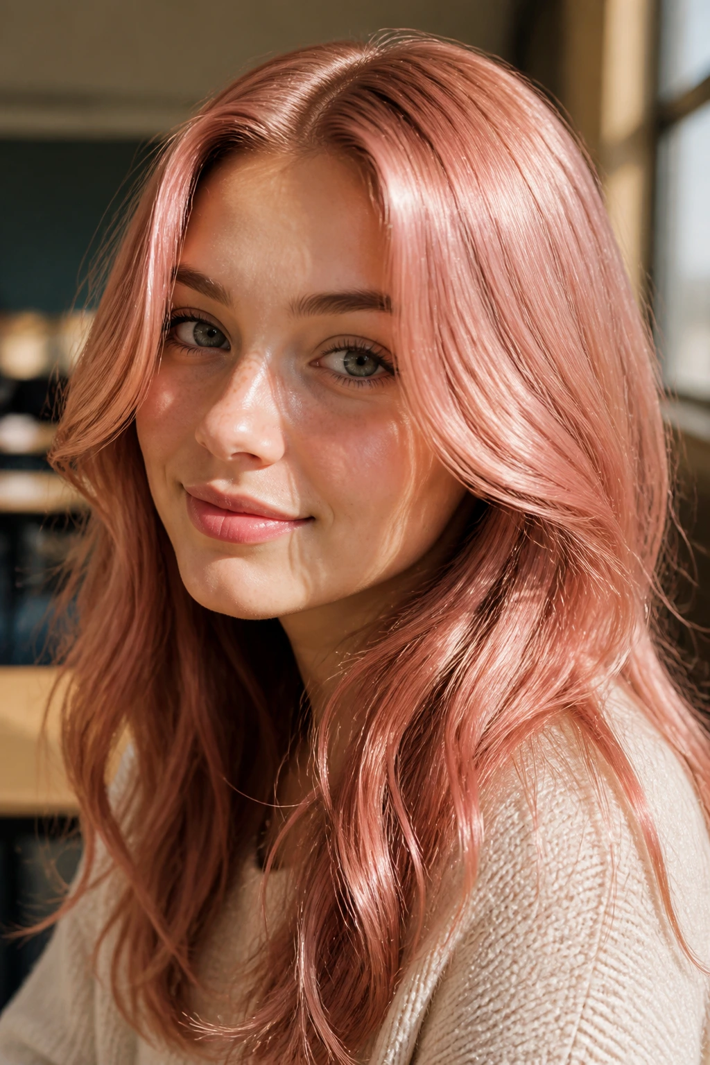 Close-up portrait of a real person with dust rose gold hair catching warm sunlight