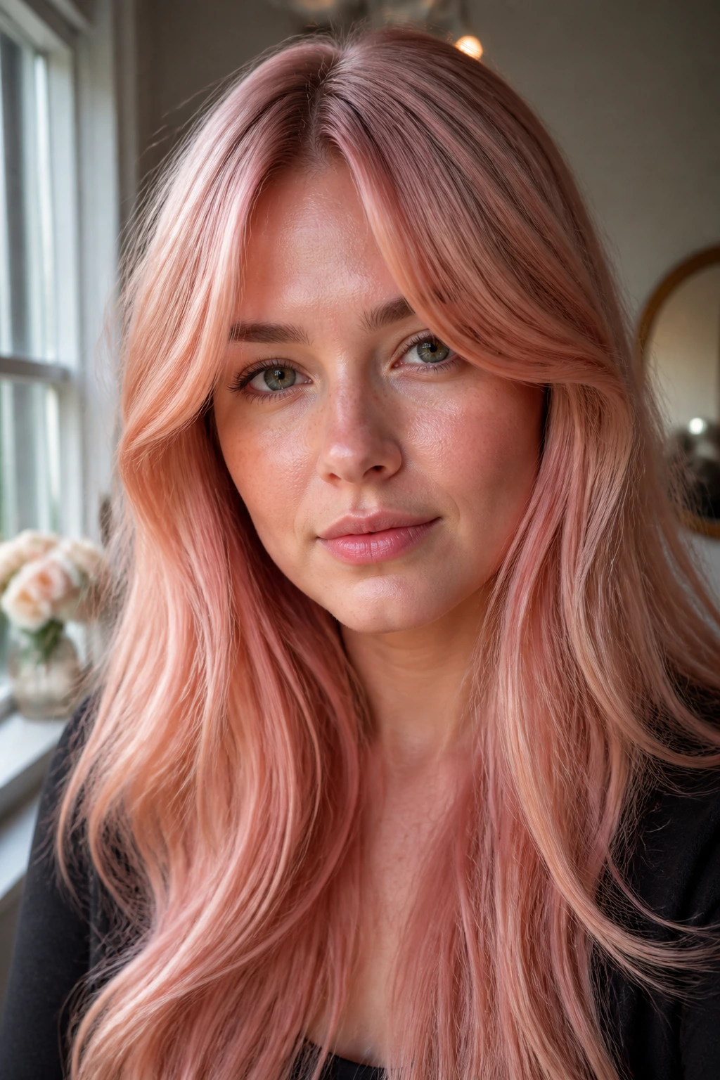 Close-up of a woman with rose gold hair and Bardot bangs