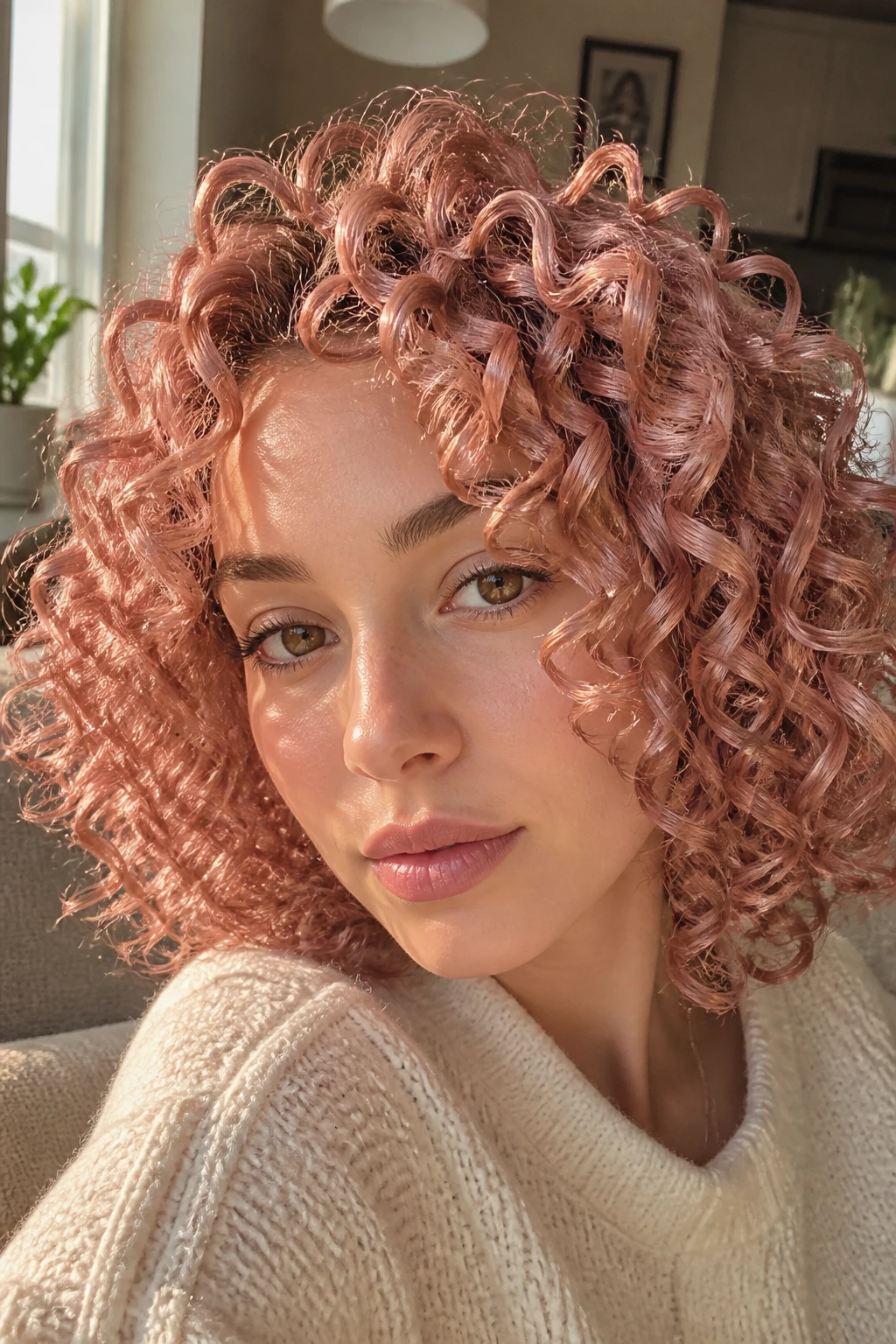 Close-up of a real woman with muted rose gold ringlets in warm window light