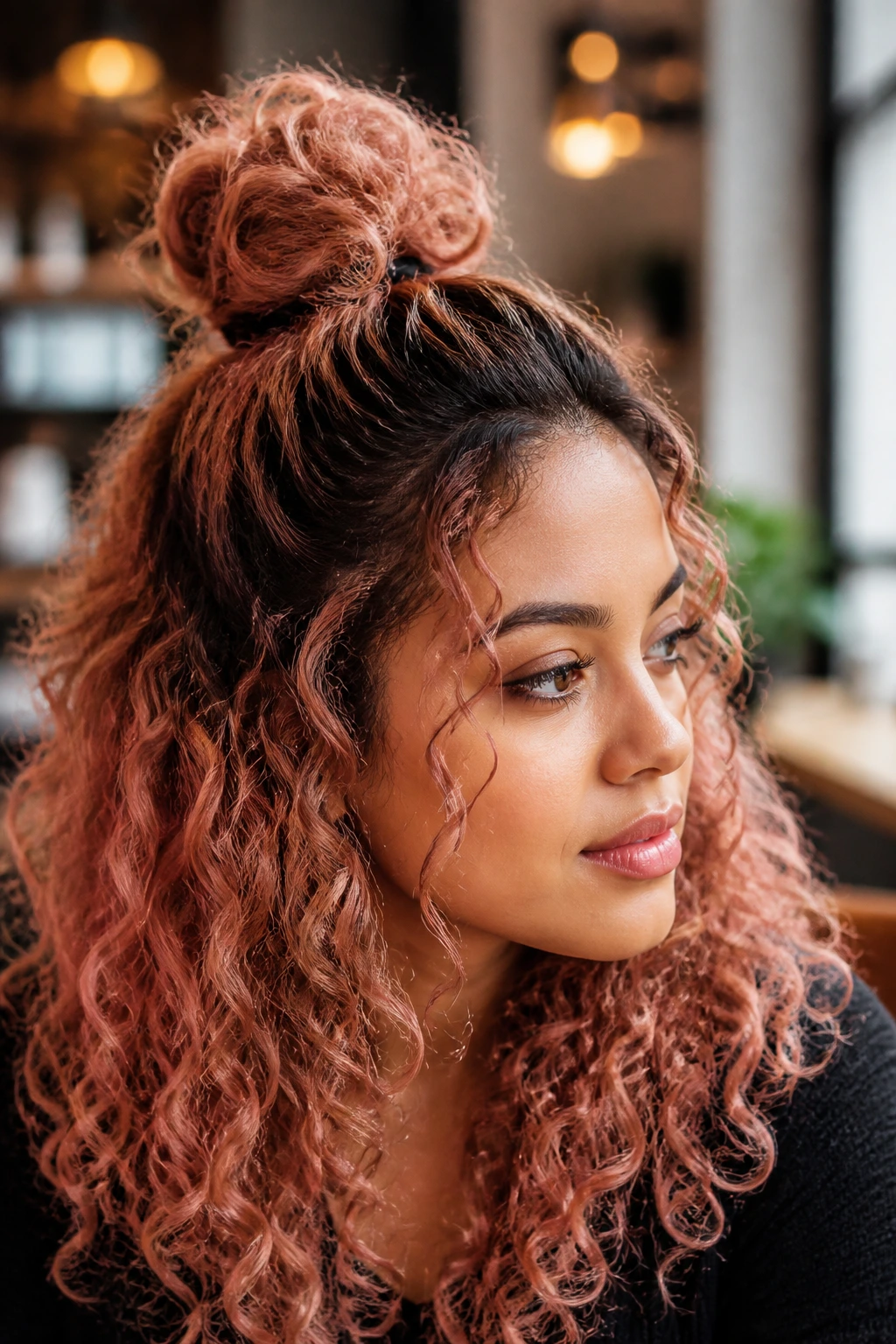 Close-up of a real person with a rose-gold half-up bun