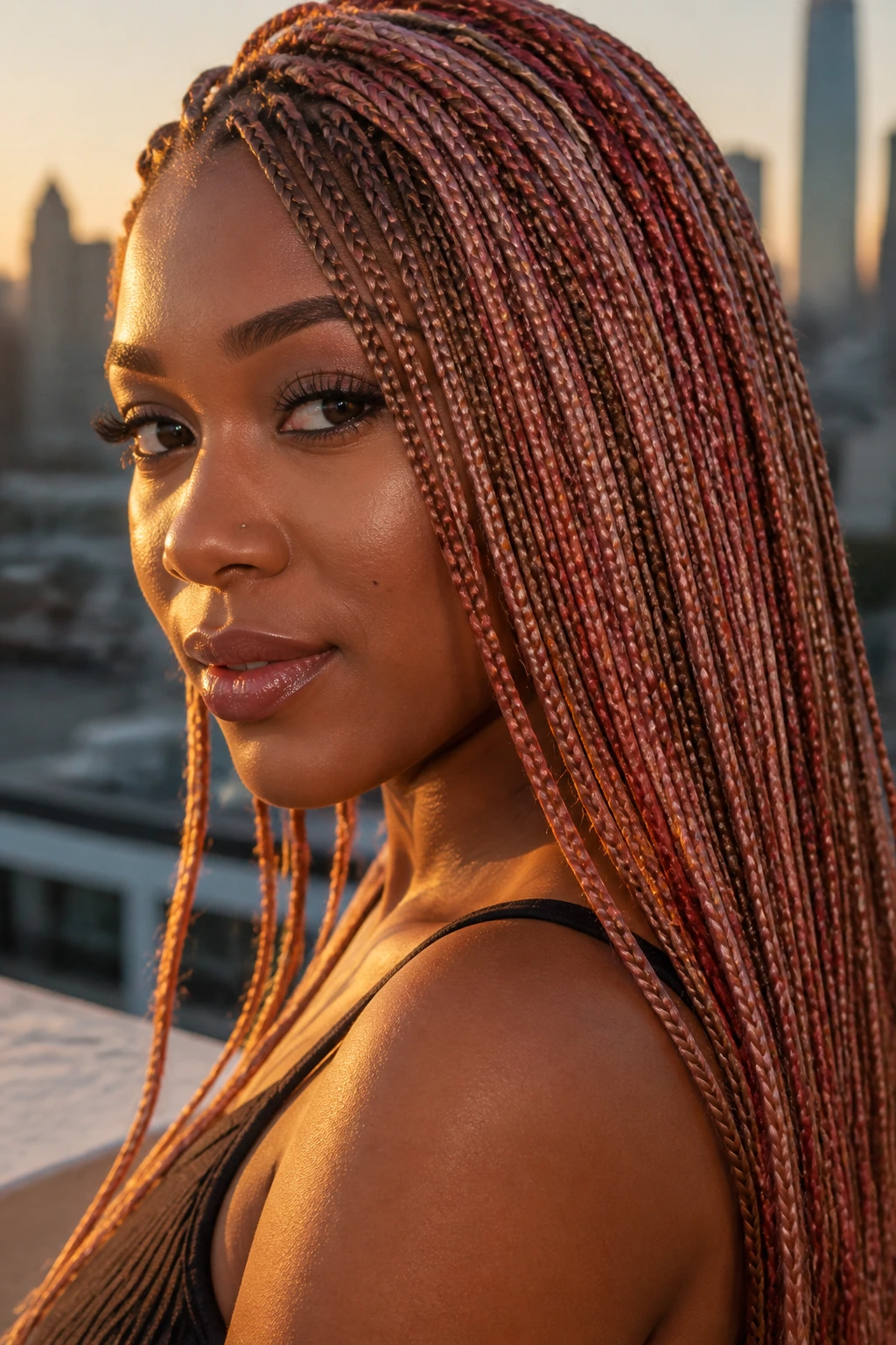 Real woman with rose gold micro-braids under golden hour light