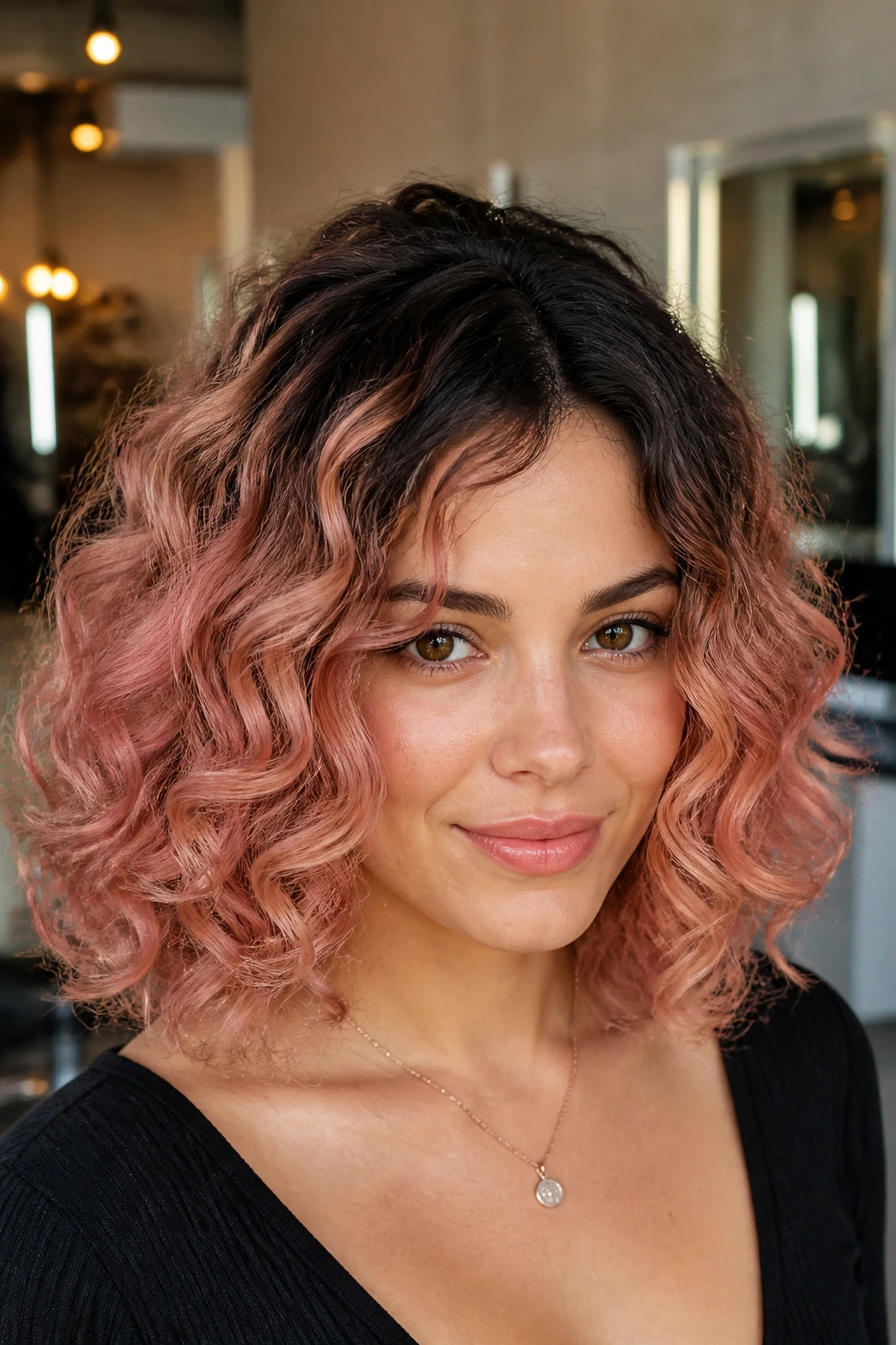 Close-up of a real woman with natural roots blending into rose-gold hair at a salon