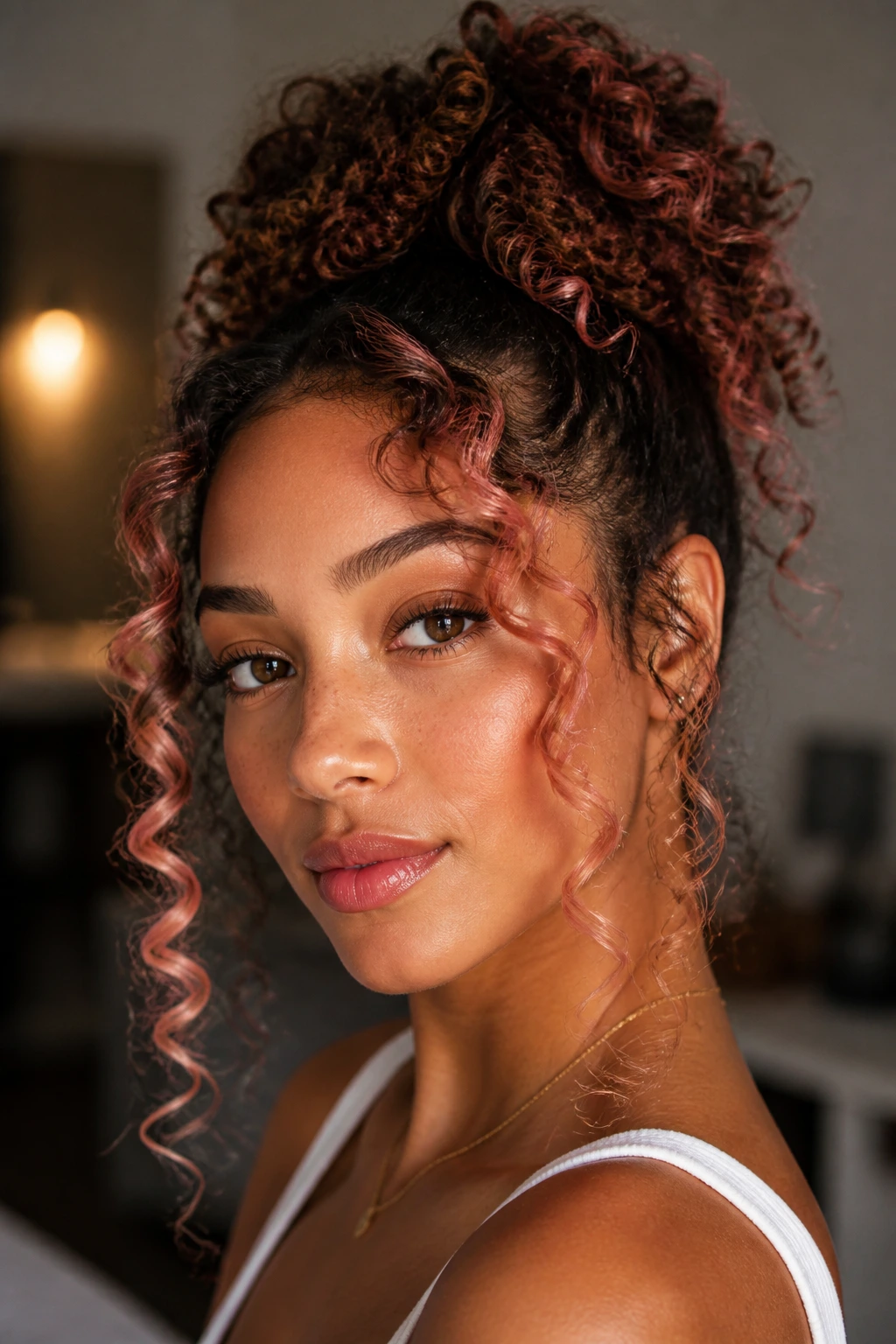 Portrait of a woman with rose-gold face-framing tendrils around her face.