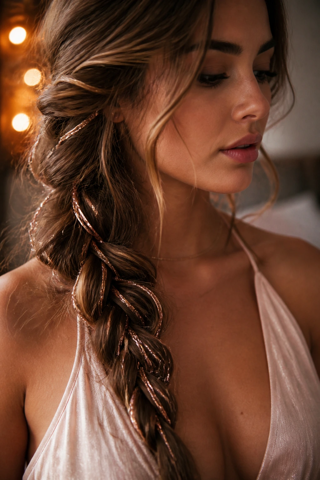 Portrait of a person with a rose gold tinsel threaded into a messy side braid in soft lighting