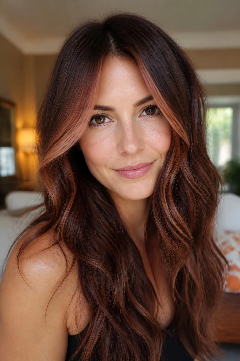 Close-up portrait of a woman with mahogany hair and rose gold wisps near the temples.