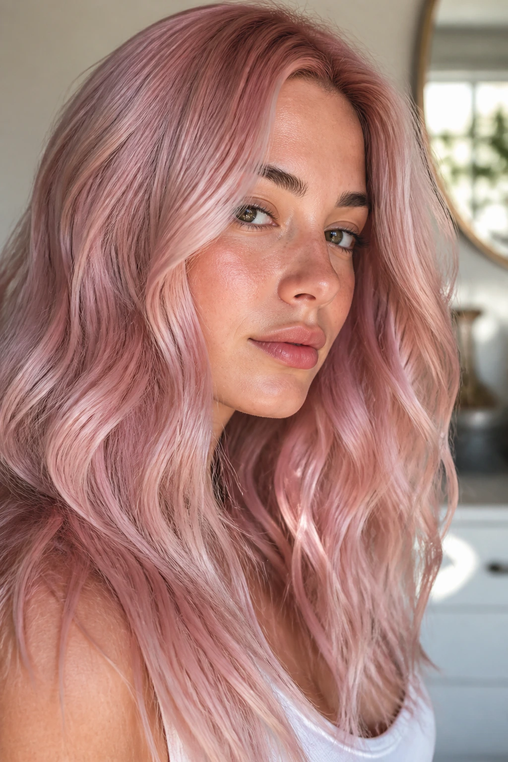 Close-up portrait of a real person with rose quartz pink hair