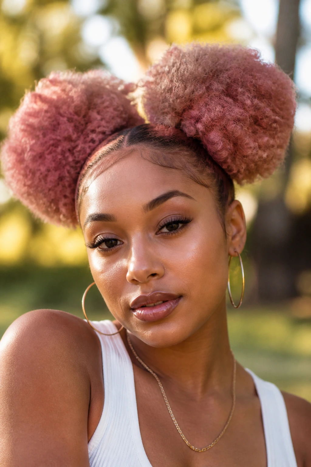 Close-up of a real person with two rose-tinted afro puffs