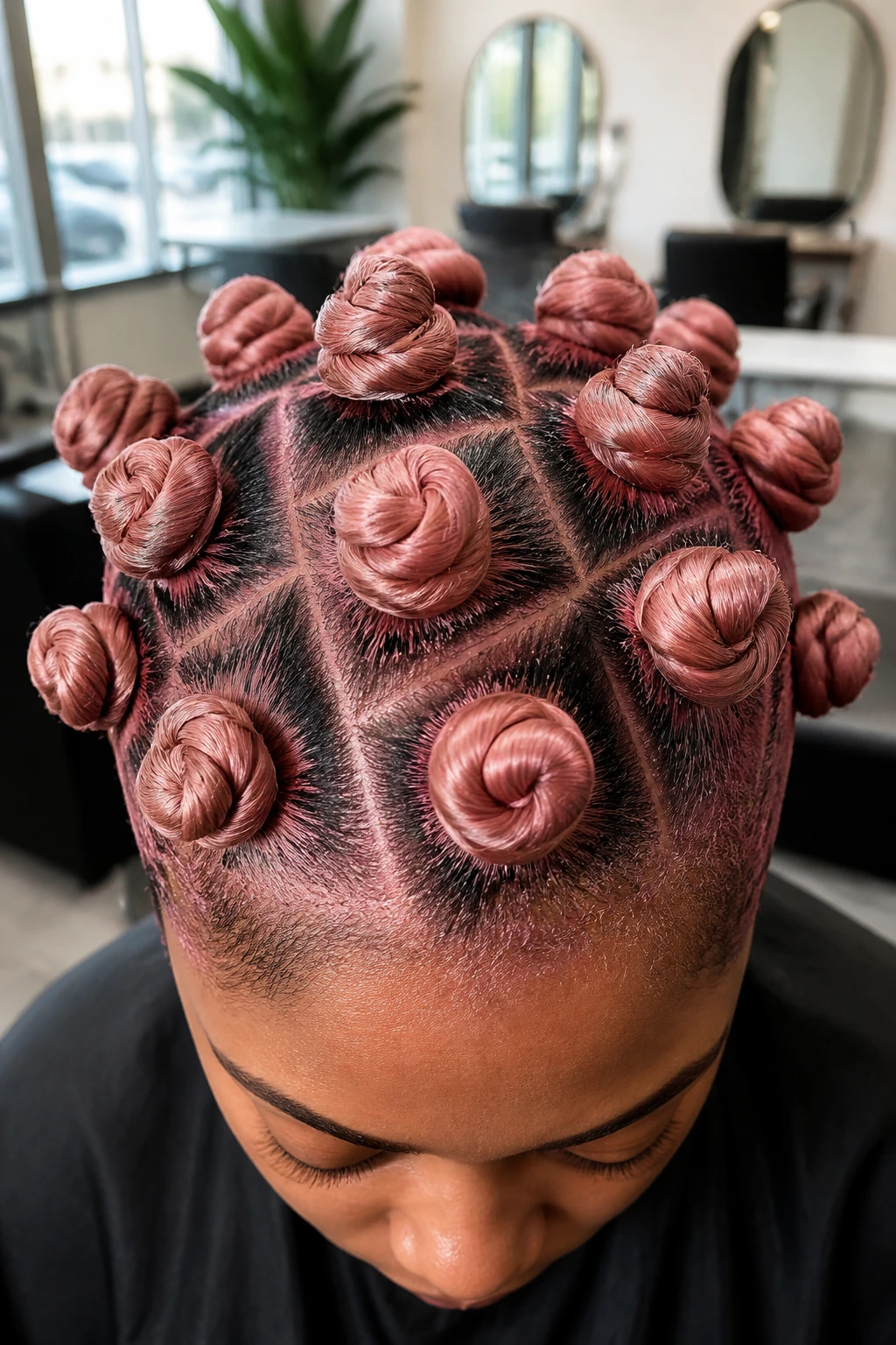 Top-down view of rose tinted bantu knots on real person