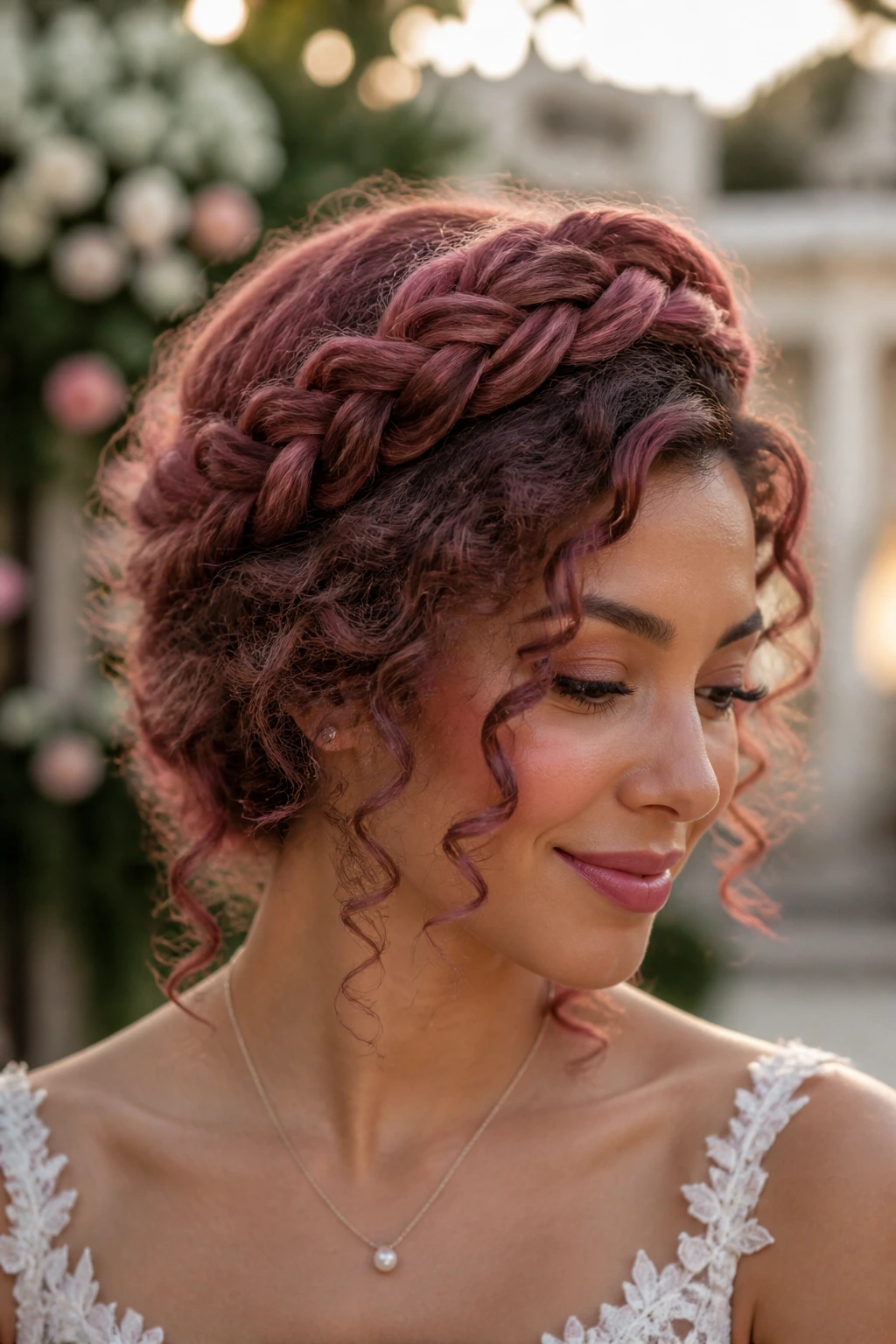 Close-up of a real woman wearing a rosewood braided crown with soft curls