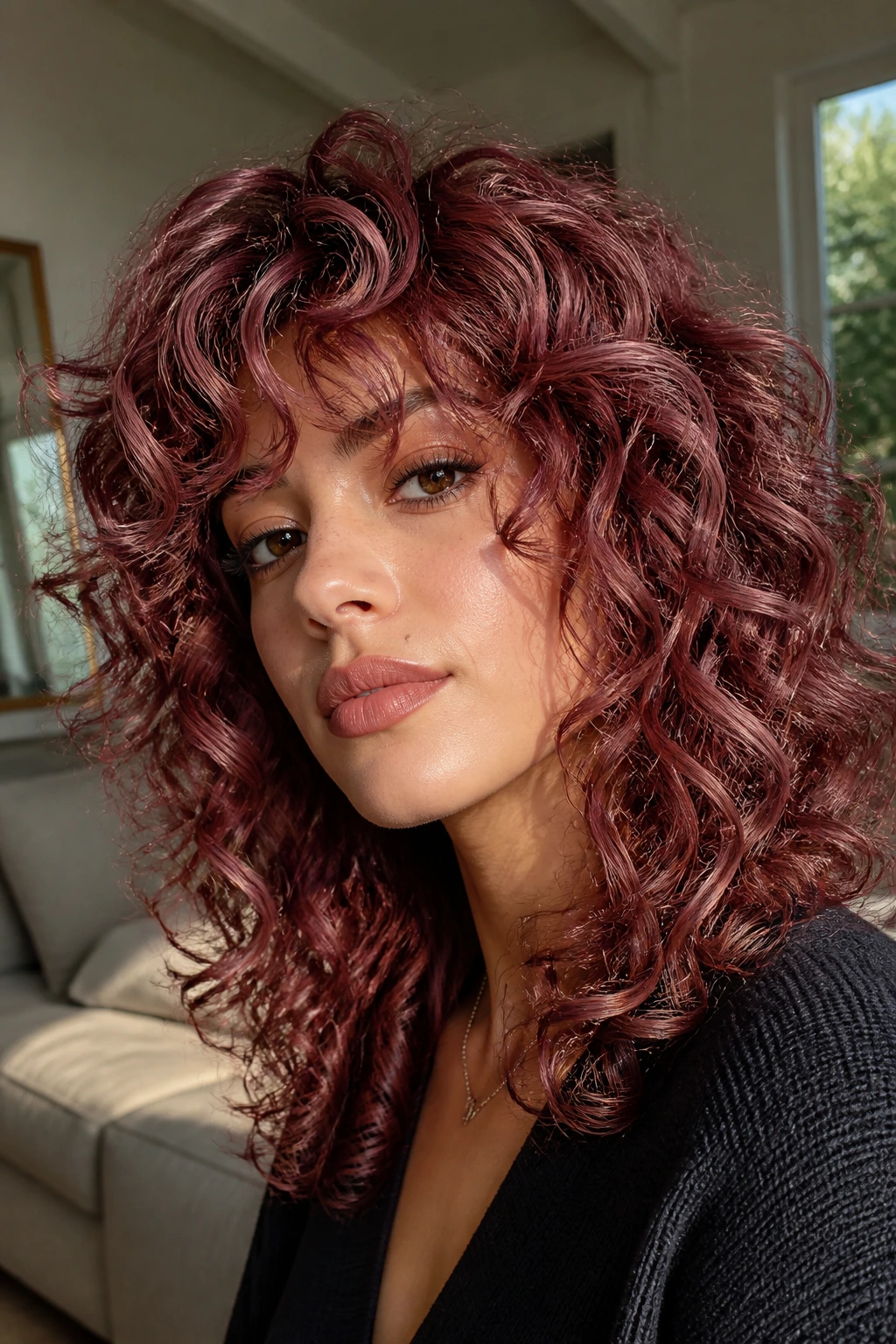 Close-up of a real woman with deep rosewood curly shag in warm light