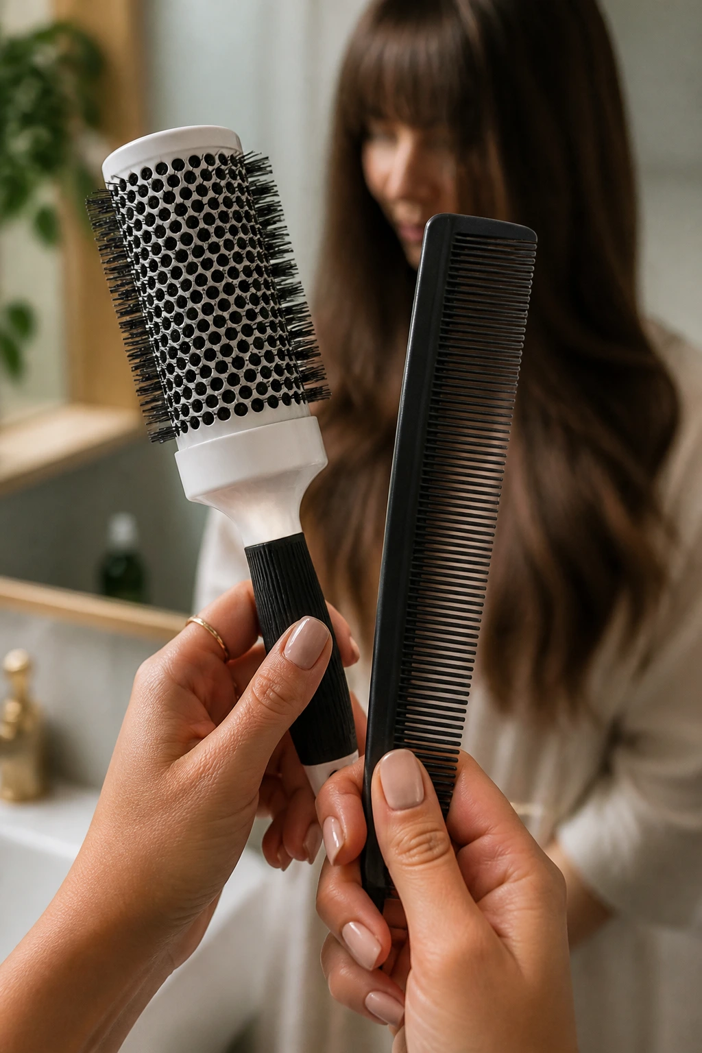 Hands holding round brush and comb ready to style bangs in a bathroom