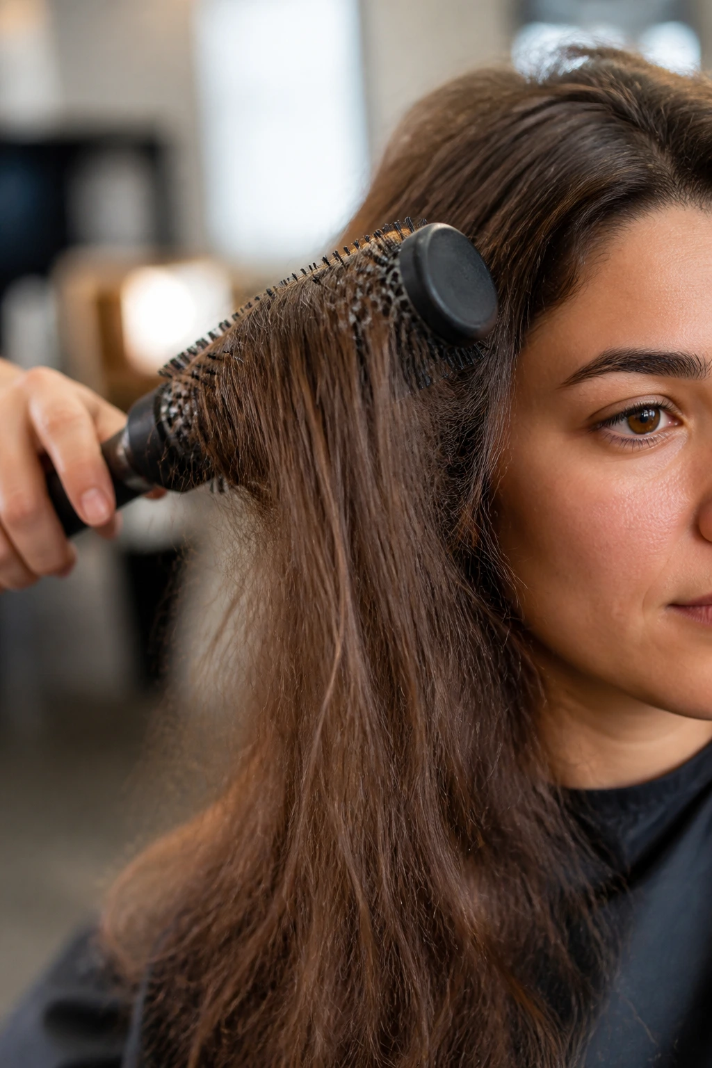 Close-up of a round brush being used on textured hair in a salon