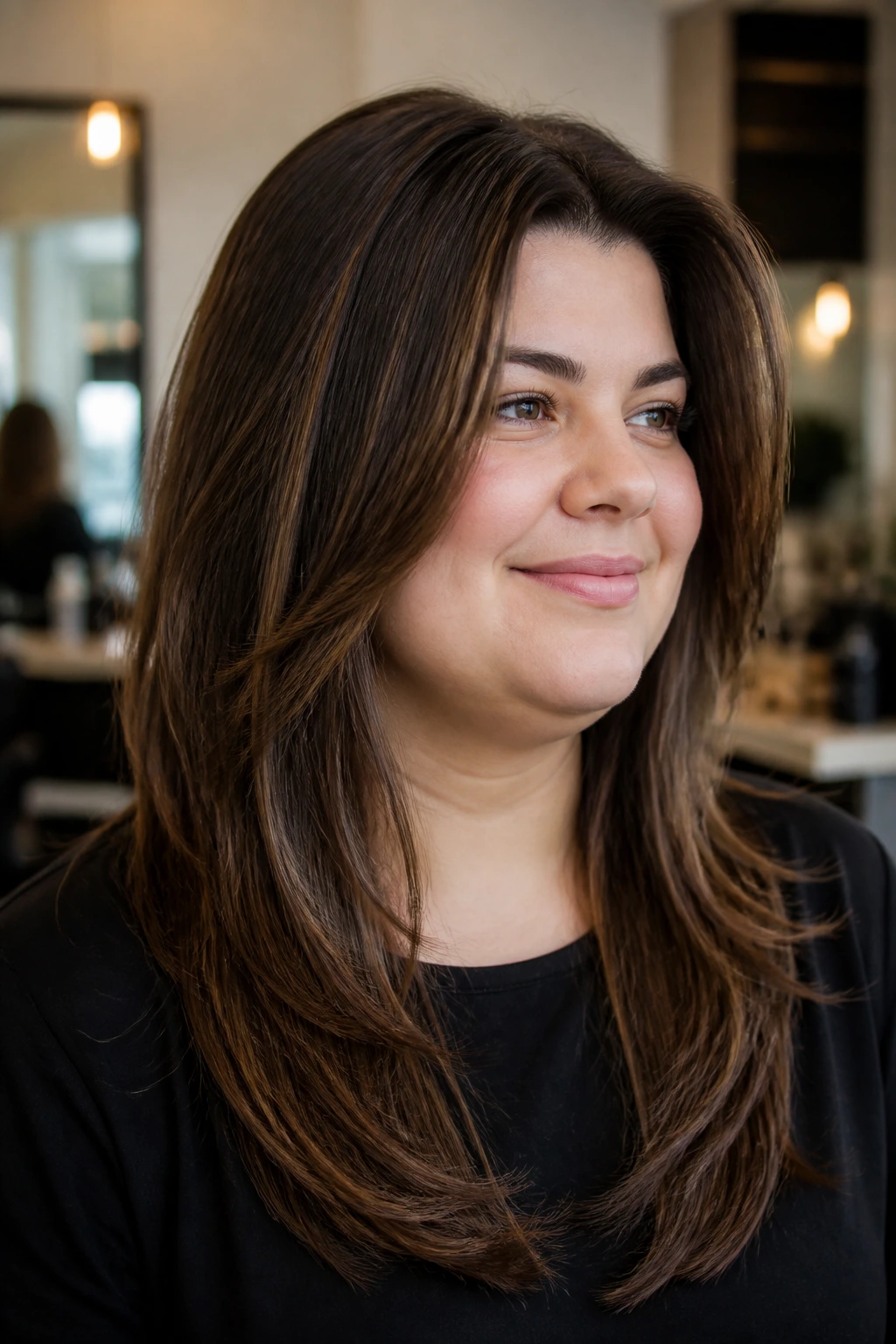 Close-up of a real woman with a layered haircut that elongates a round face and minimizes a double chin in a salon.
